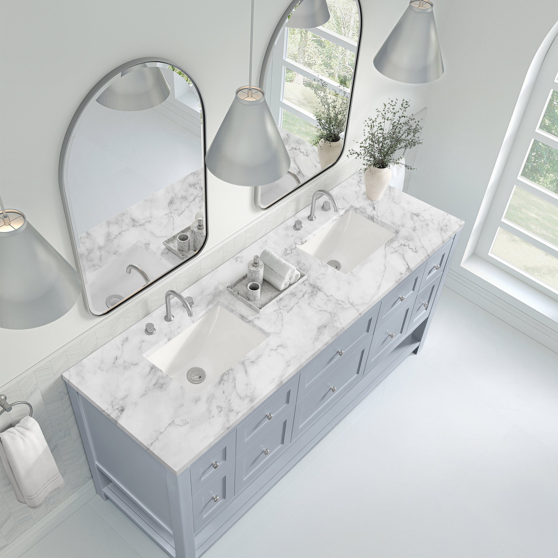 Renovate for Less Atlanta Breckenridge 72" Double Vanity, Serenity Blue, w/ 3 CM Carrara Marble Top