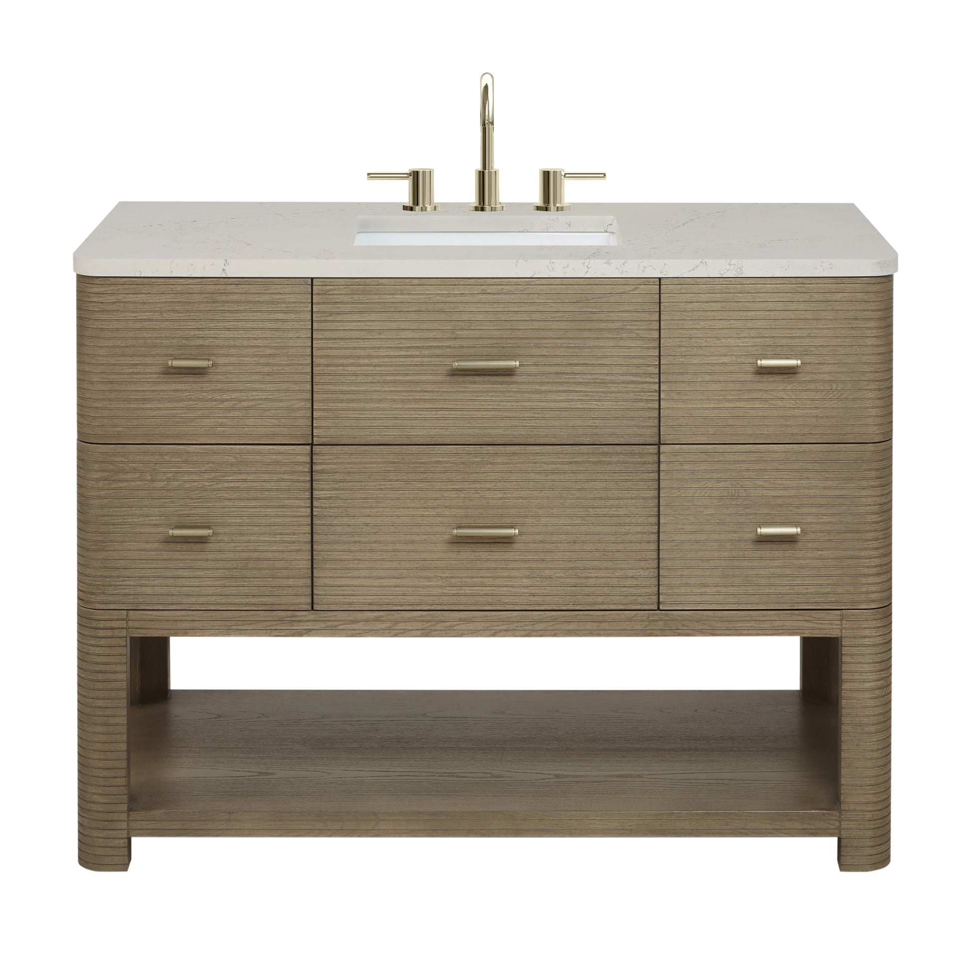 Renovate for Less Atlanta Lucian 48" Single Vanity, Pebble Oak, w/ 3 CM Siberian Silestone Top w/FreePower Wireless Charger