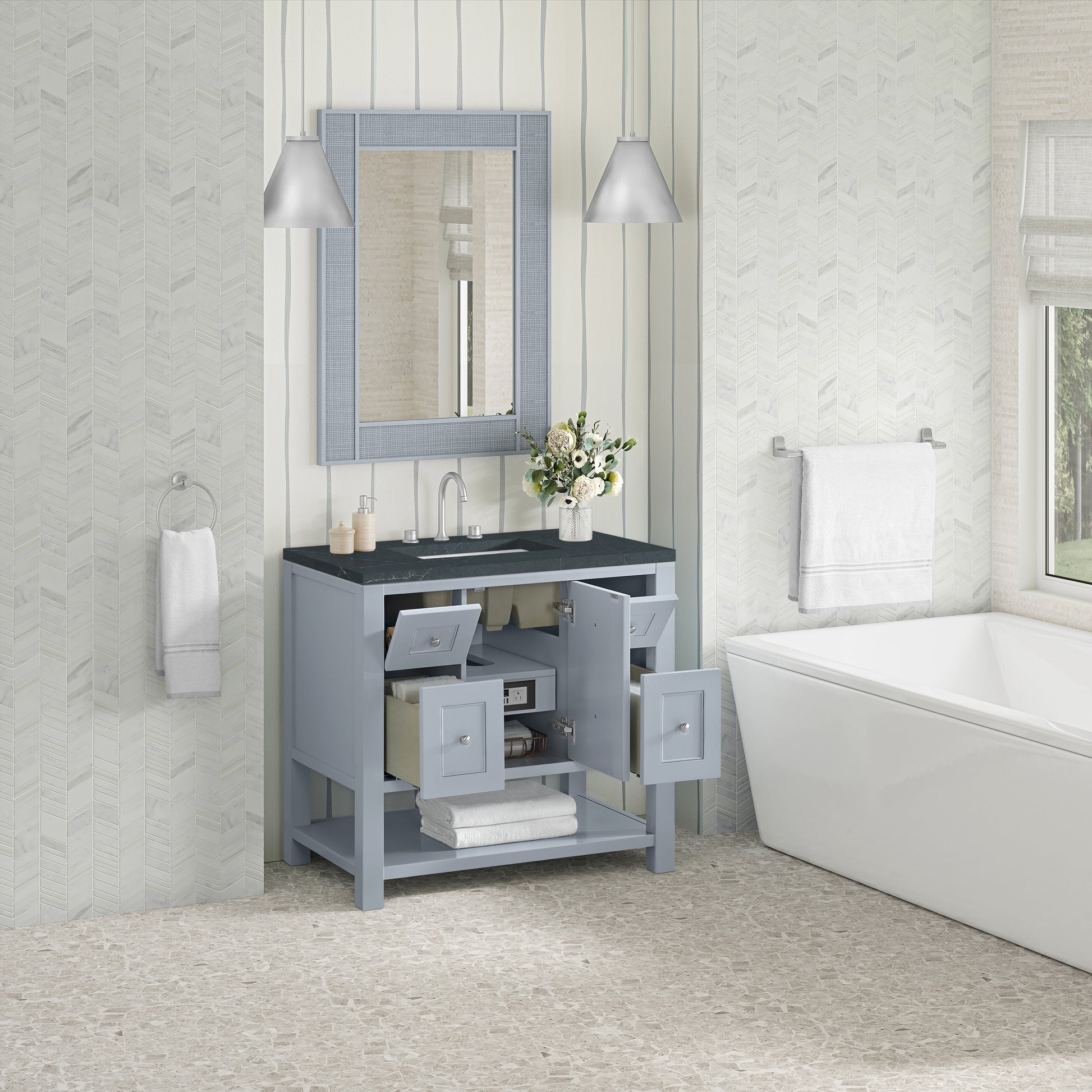 Renovate for Less Atlanta Breckenridge 36" Single Vanity, Serenity Blue, w/ 3 CM Charcoal Soapstone Quartz Top