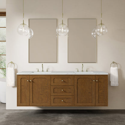 Renovate for Less Atlanta Laurent 72" Double Vanity, Honey Oak w/ 3 CM Ethereal Noctis Silestone Top w/FreePower Wireless Charger