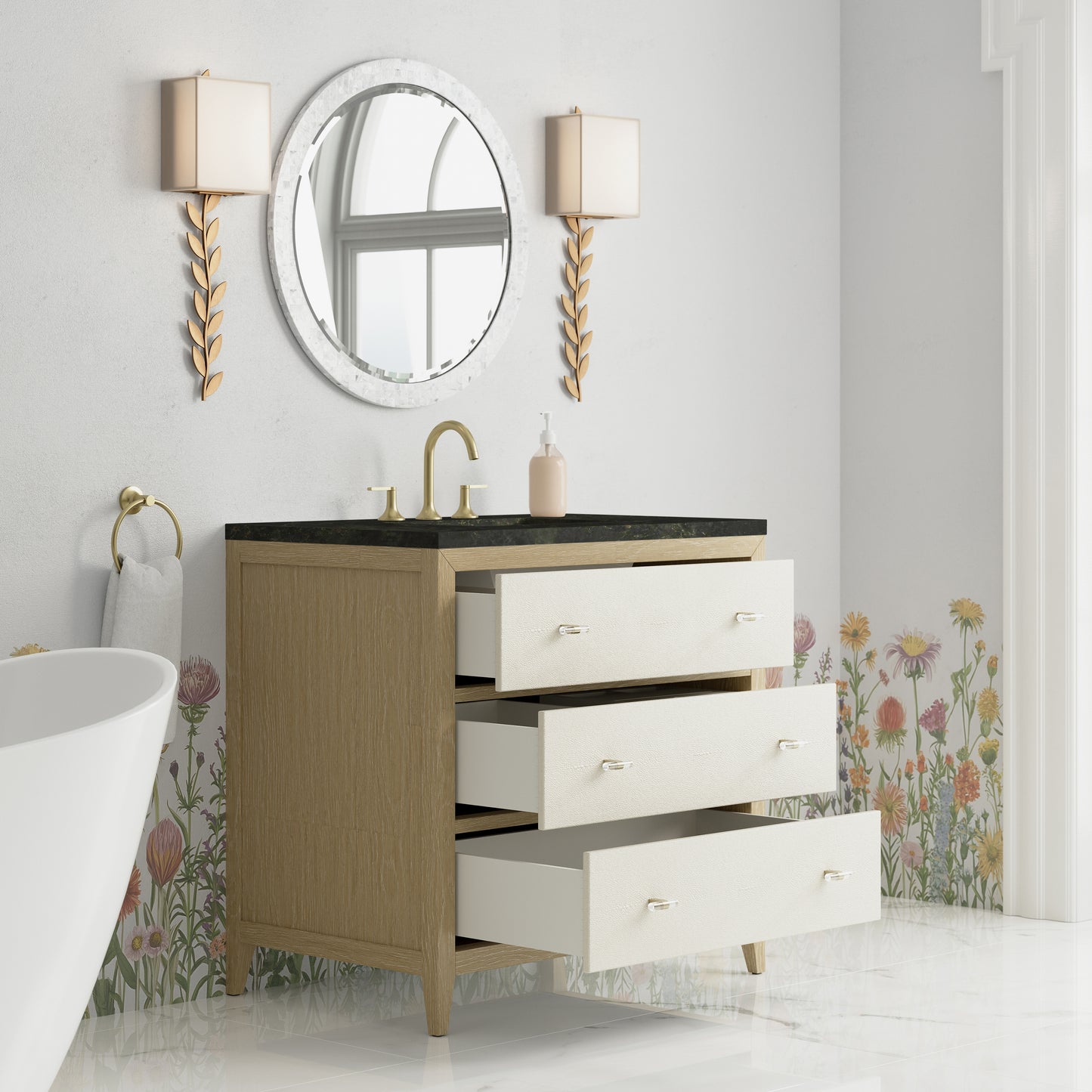 Renovate for Less Atlanta Celeste 36" Single Vanity, Sunwashed Oak with Embossed Shagreen, w/ 3 CM Phantome Eclos Top