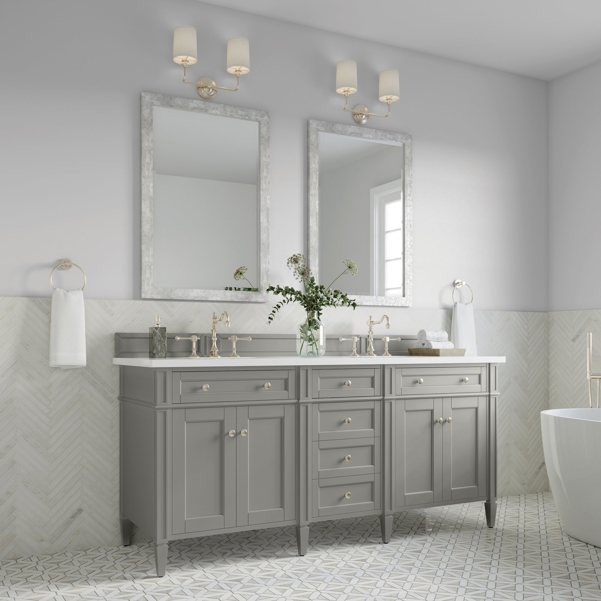 Renovate for Less Atlanta Brittany 72" Double Vanity, Urban Gray w/ 3 CM White Zeus Silestone Top