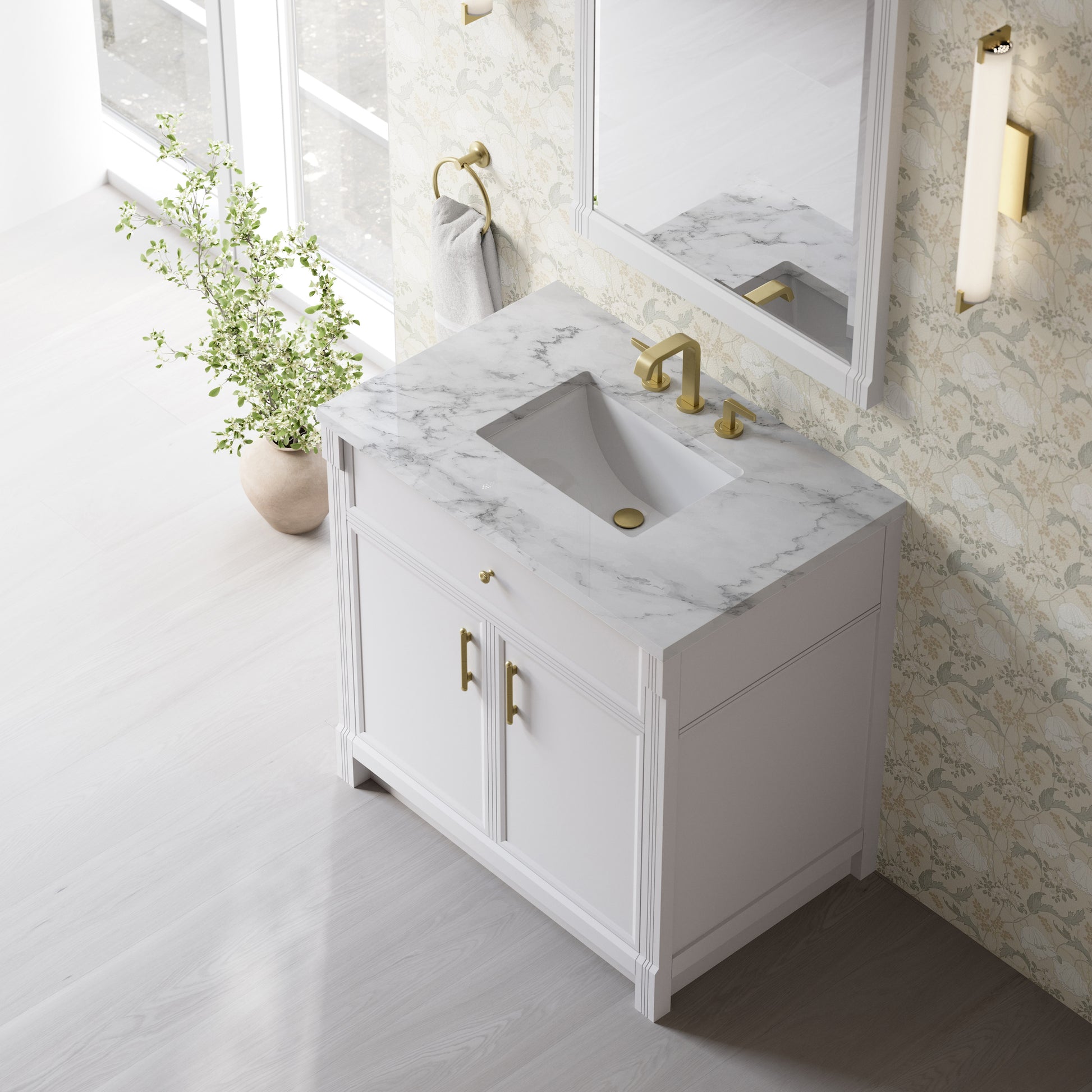 Renovate for Less Atlanta Bellshire 36" Single Vanity, Bright White w/ 3 CM Carrara Marble Top