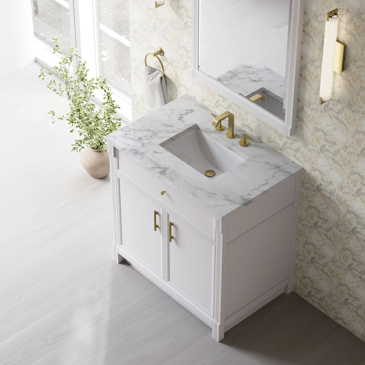 Bellshire 36" Single Vanity, Bright White w/ 3 CM Carrara Marble Top
