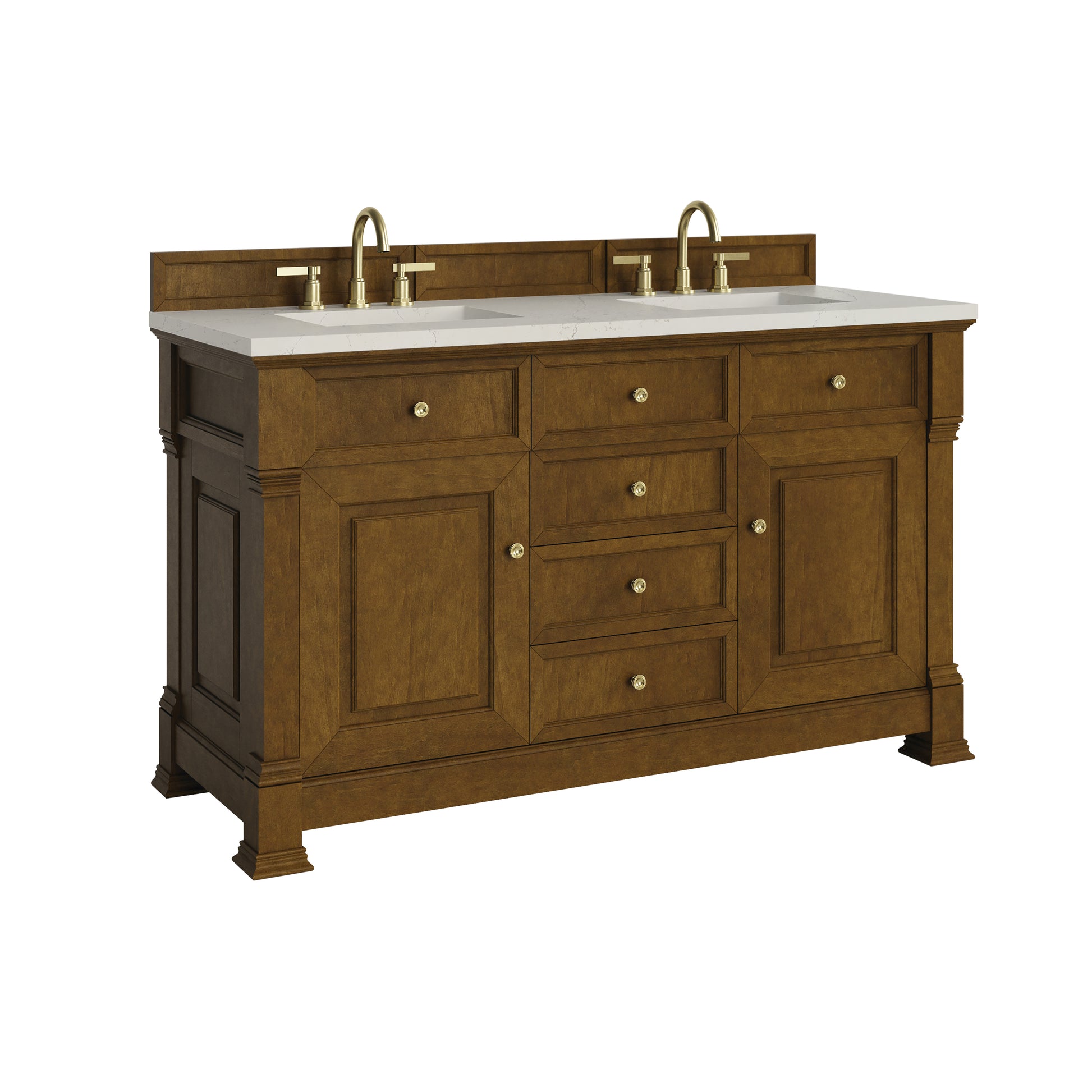 Renovate for Less Atlanta Brookfield 60" Double Vanity, Honey Oak, w/ 3 CM Siberian Silestone Top w/FreePower Wireless Charger