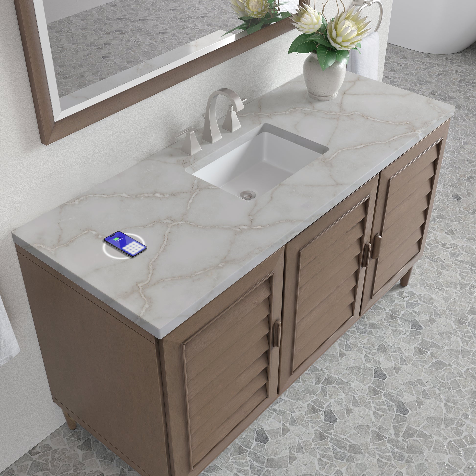 Renovate for Less Atlanta Portland 60" Single Vanity Whitewashed Walnut w/ 3 CM Victorian Silver Silestone Top w/FreePower Wireless Charger