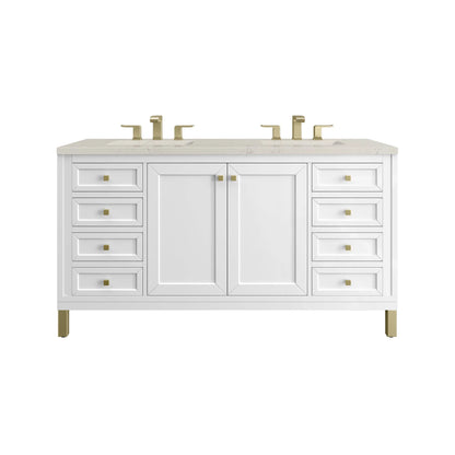 Chicago 60" Double Vanity, Glossy White, w/ 3 CM Siberian Silestone Top w/FreePower Wireless Charger
