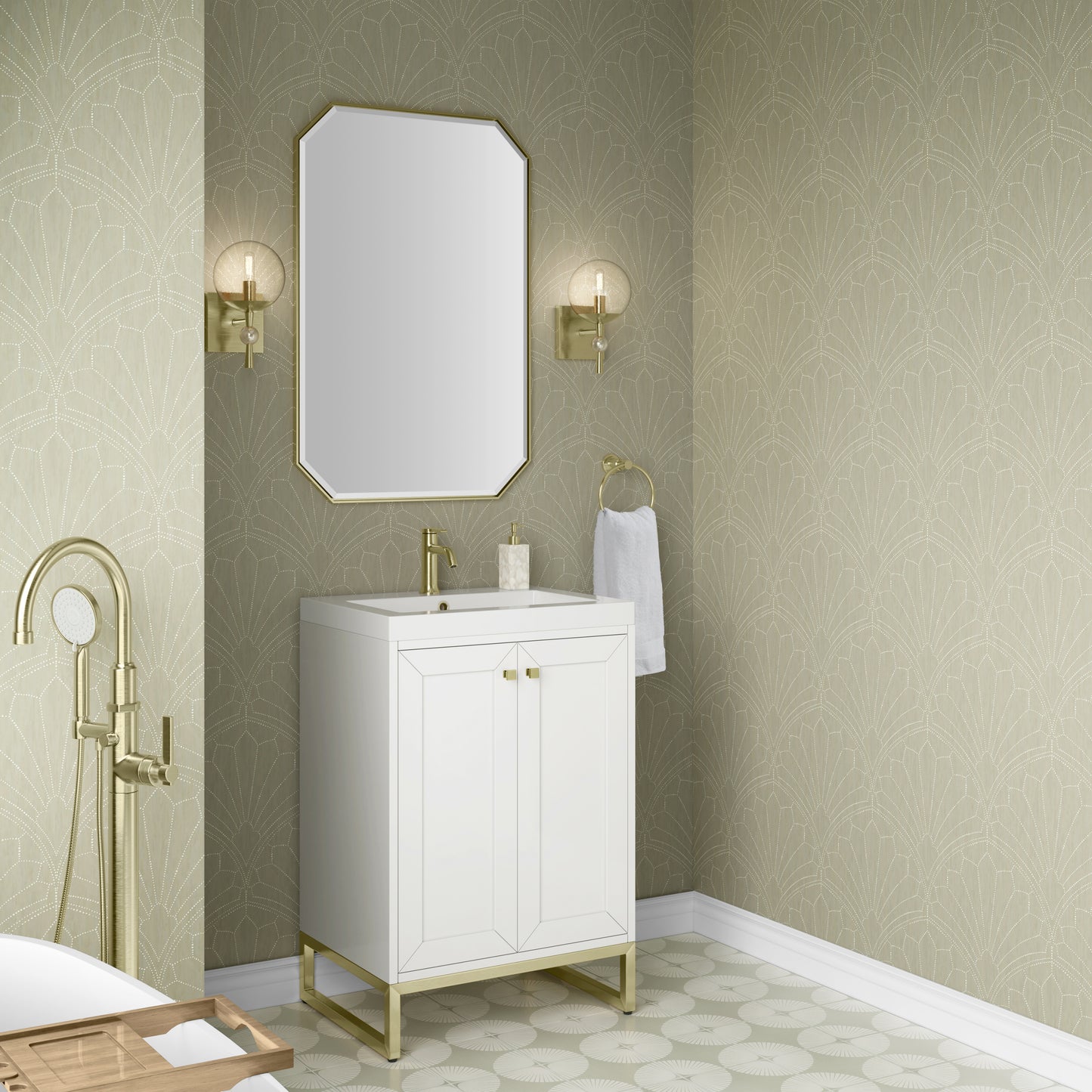 Renovate for Less Atlanta Chianti 24" Single Vanity, Glossy White, Champagne Brass, w/ White Glossy Composite Stone Top