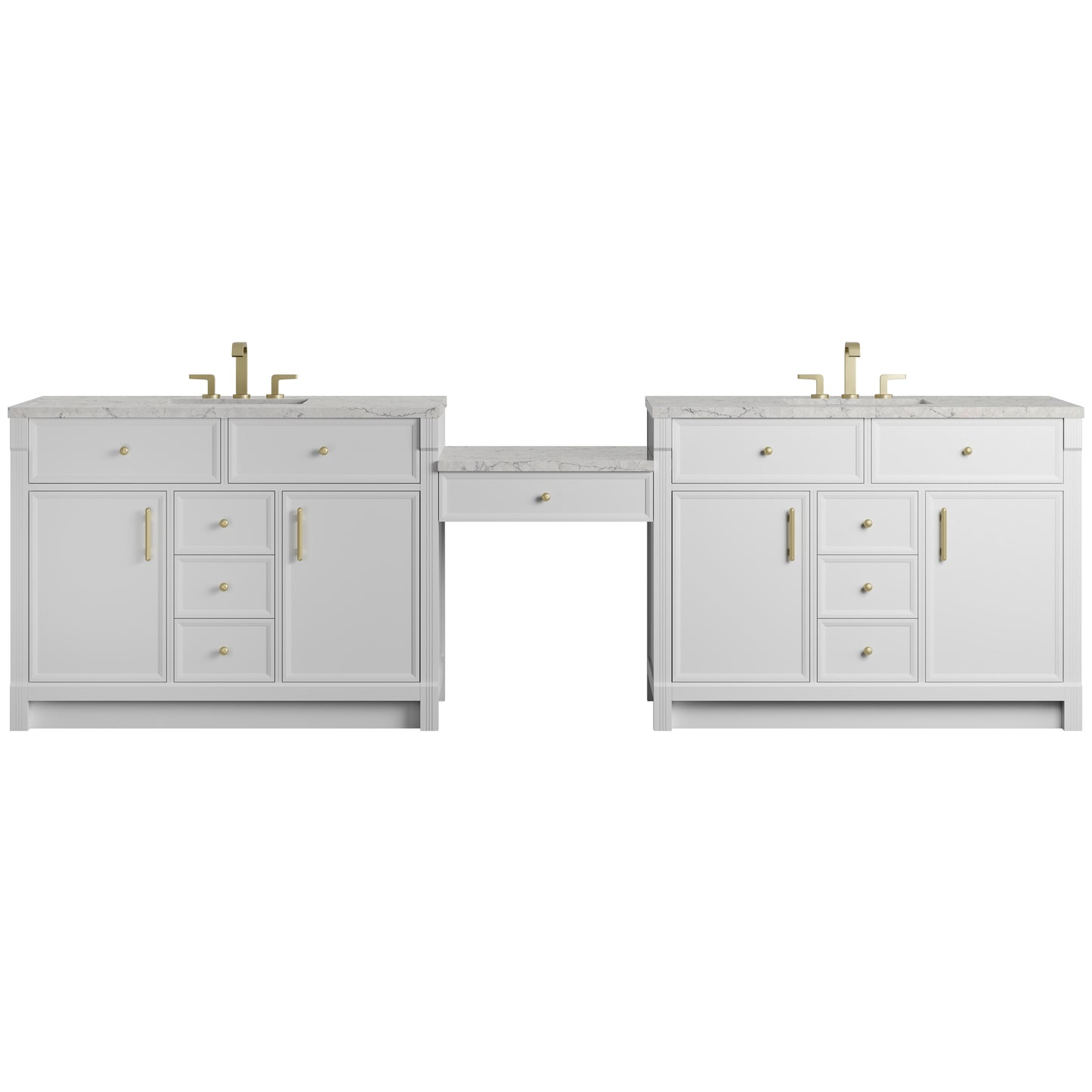 Renovate for Less Atlanta Bellshire 120" Dual Vanity Set with 24" Make-Up Counter, Bright White w/3 cm Eternal Jasmine Pearl Silestone Top
