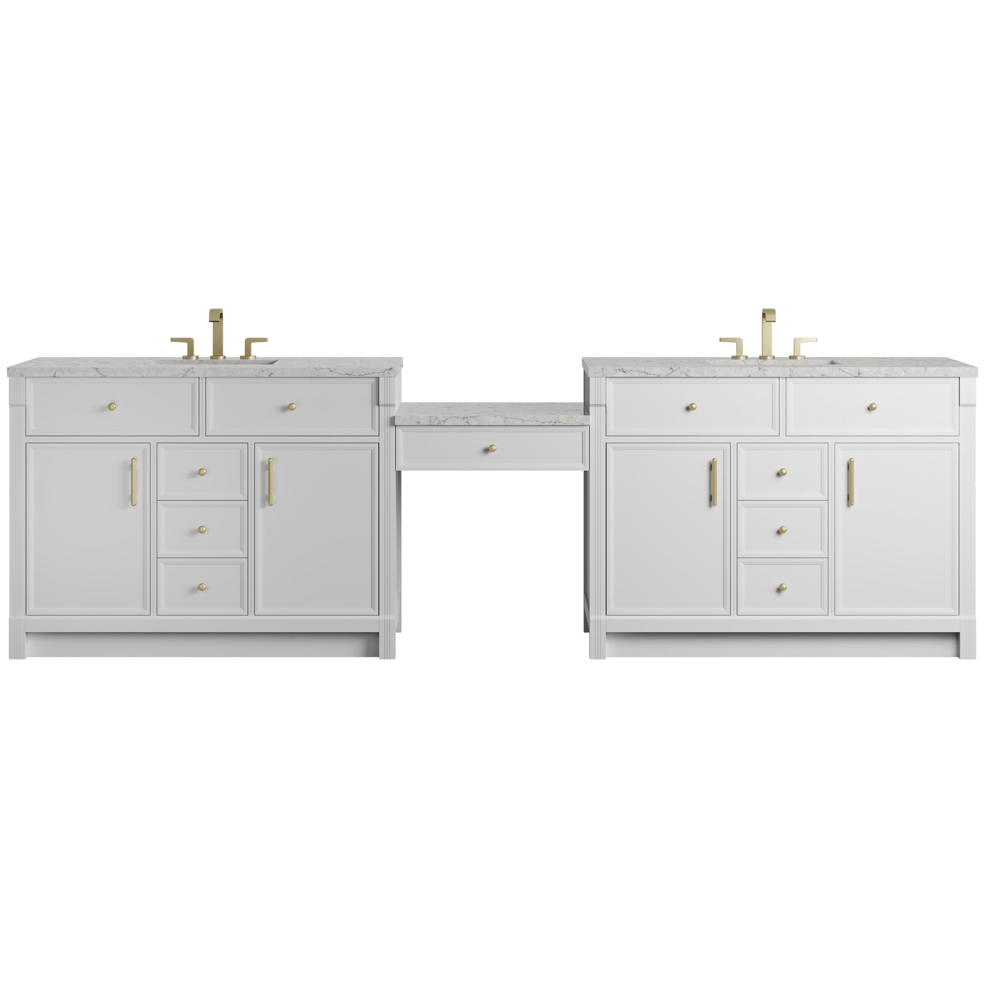 Renovate for Less Atlanta Bellshire 120" Dual Vanity Set with 24" Make-Up Counter, Bright White w/3 cm Eternal Jasmine Pearl Silestone Top