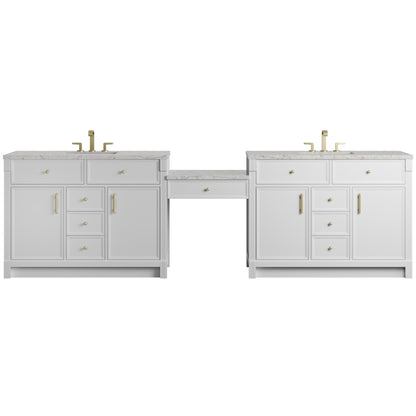 Renovate for Less Atlanta Bellshire 120" Dual Vanity Set with 24" Make-Up Counter, Bright White w/3 cm Eternal Jasmine Pearl Silestone Top