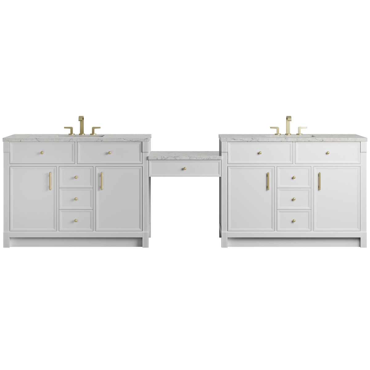 Renovate for Less Atlanta Bellshire 120" Dual Vanity Set with 24" Make-Up Counter, Bright White w/3 cm Eternal Jasmine Pearl Silestone Top