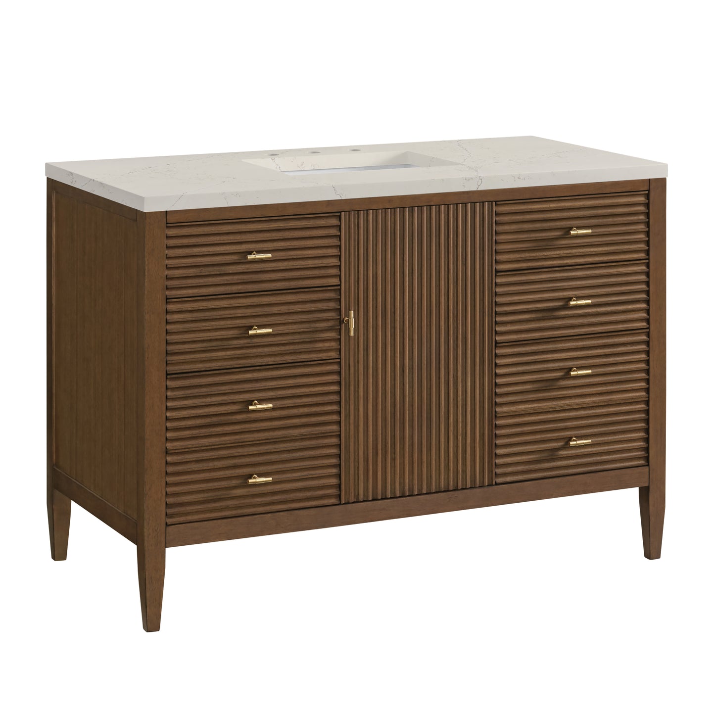 Renovate for Less Atlanta Myrrin 48" Single Vanity, Mid Century Walnut, w/ 3 CM Siberian Silestone Top w/FreePower Wireless Charger