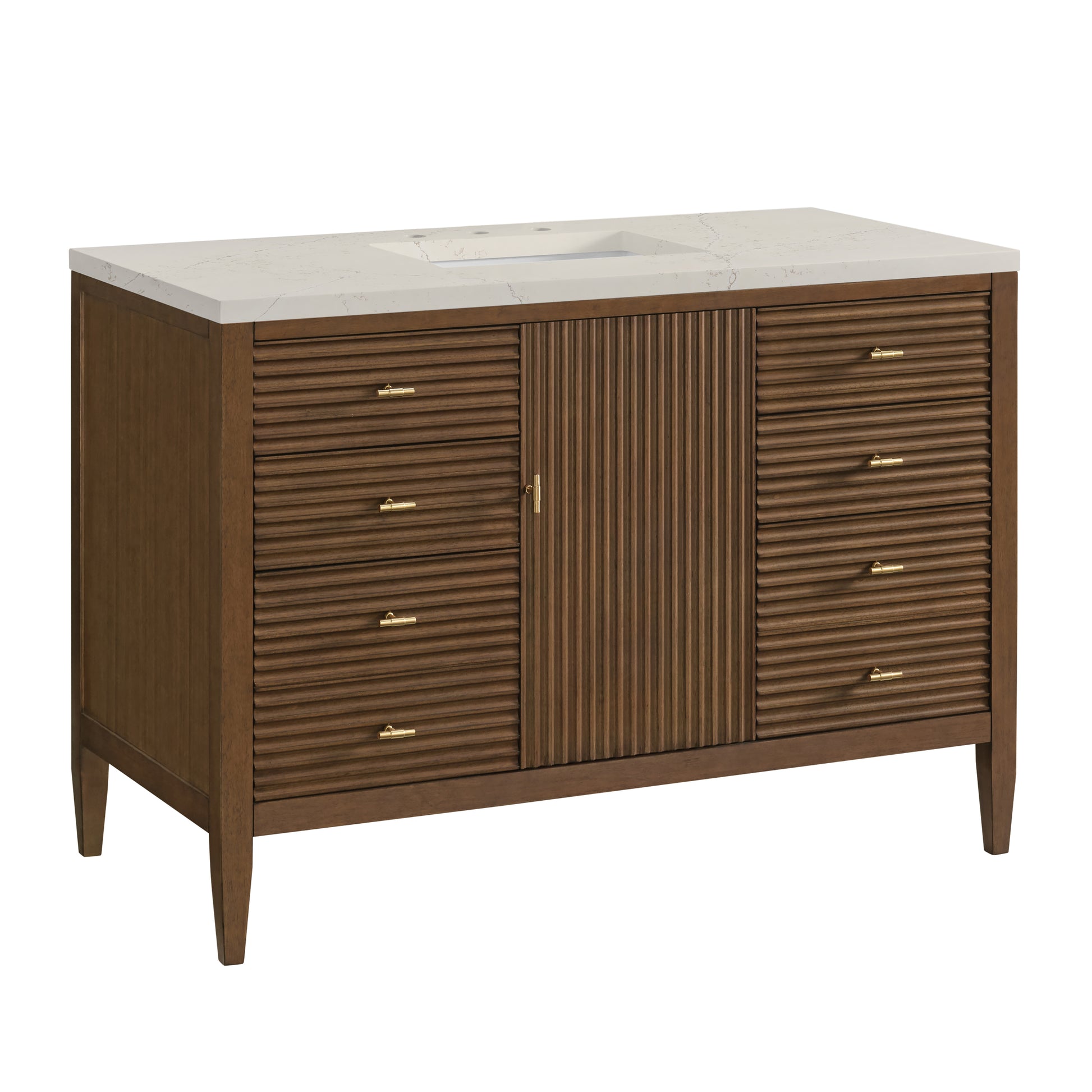 Renovate for Less Atlanta Myrrin 48" Single Vanity, Mid Century Walnut, w/ 3 CM Siberian Silestone Top w/FreePower Wireless Charger
