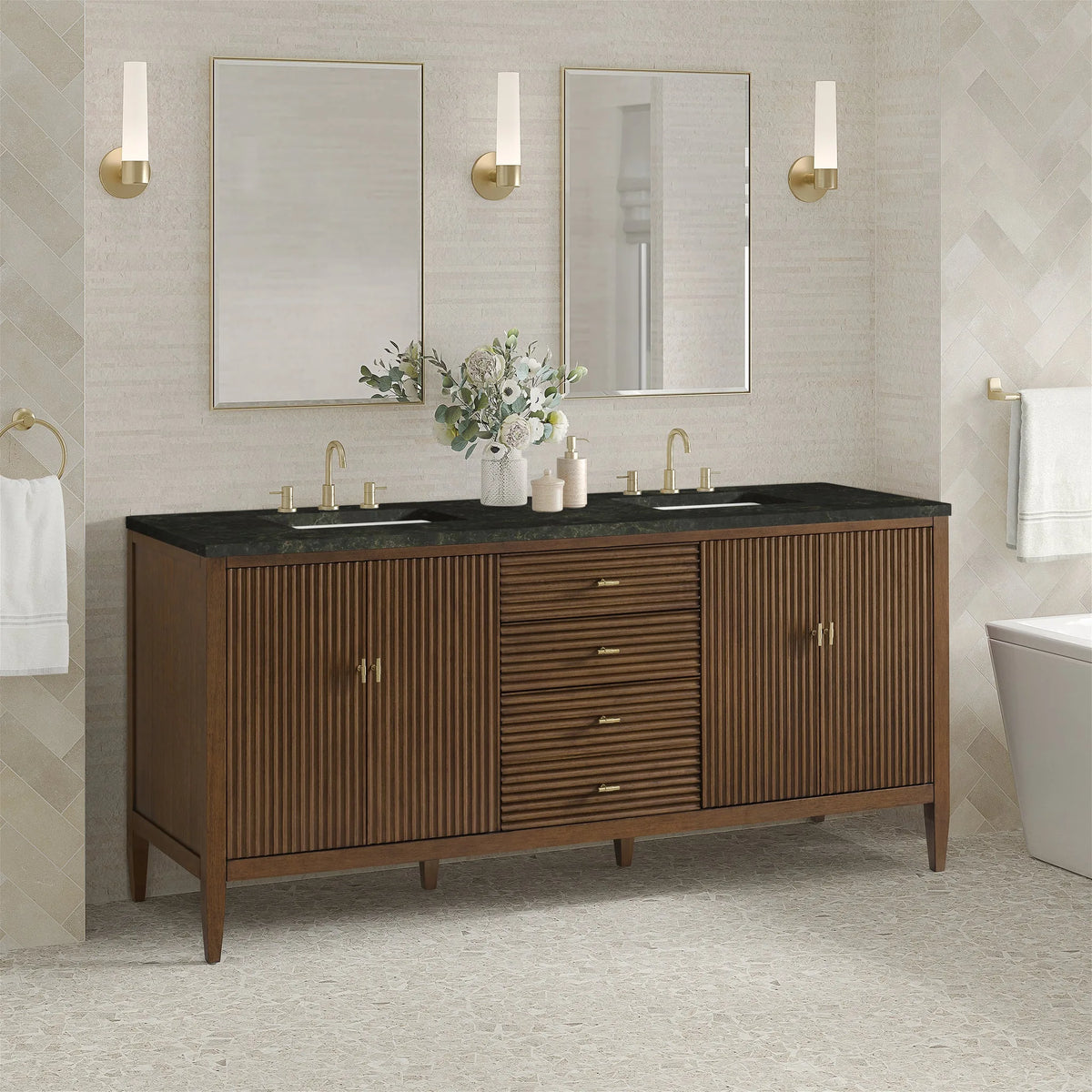 Myrrin 72" Vanity, Mid Century Walnut, w/ 3 CM Phantome Eclos Top