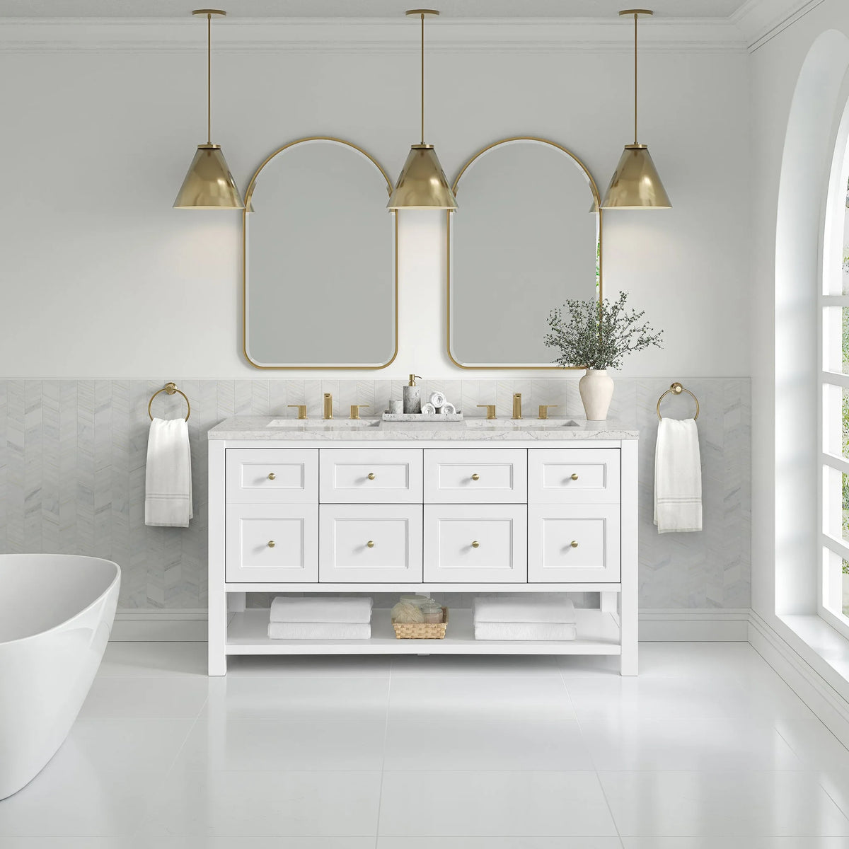 Breckenridge 60" Double Vanity, Bright White, w/ 3 CM Eternal Jasmine Pearl Quartz Top