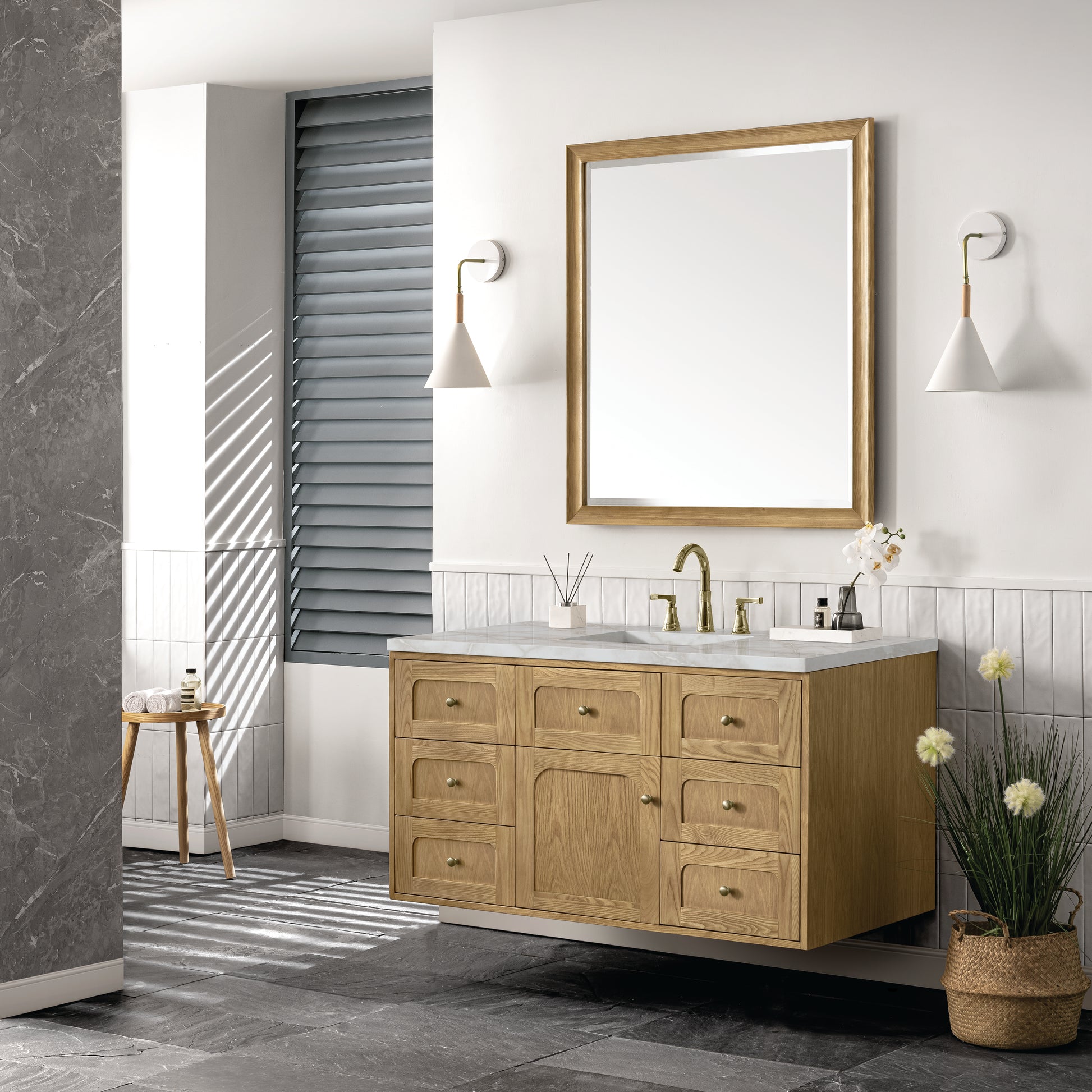 Renovate for Less Atlanta Laurent 48" Single Vanity, Light Natural Oak w/ 3 CM Victorian Silver Top w/FreePower Wireless Charger