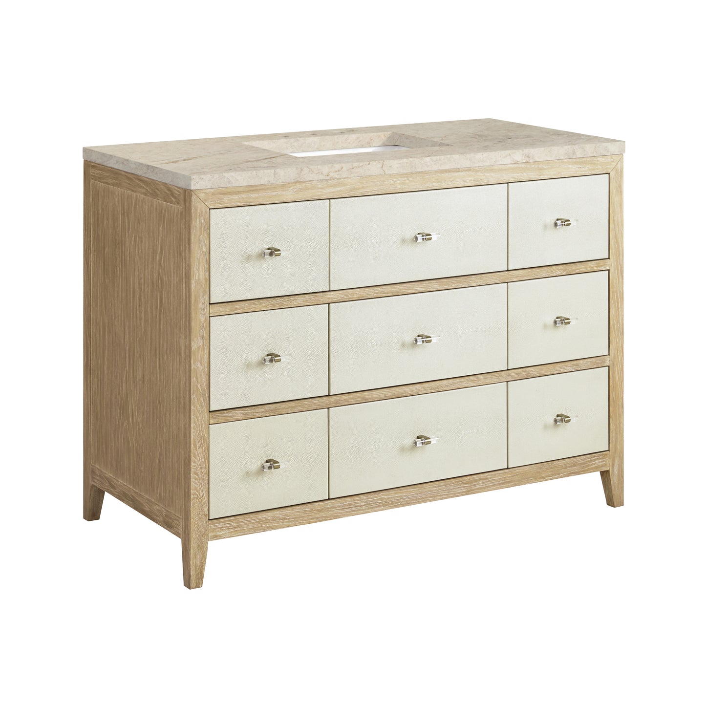 Renovate for Less Atlanta Celeste 48" Single Vanity, Sunwashed Oak with Embossed Shagreen, w/ 3 CM Tajnar Eclos Top w/FreePower Wireless Charger