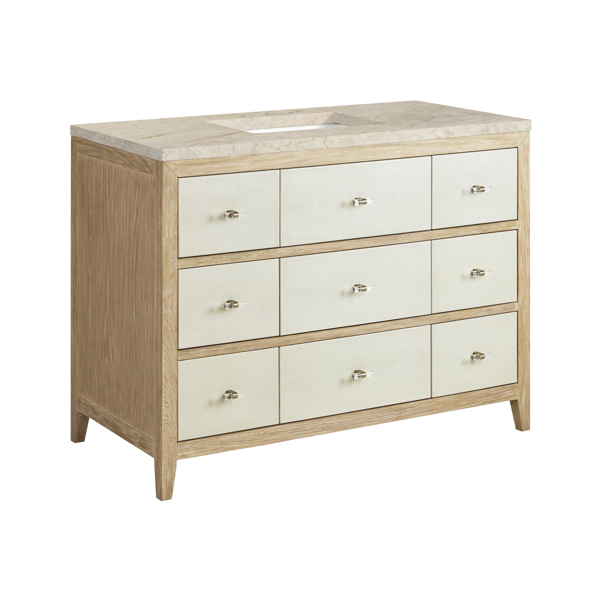Renovate for Less Atlanta Celeste 48" Single Vanity, Sunwashed Oak with Embossed Shagreen, w/ 3 CM Tajnar Eclos Top w/FreePower Wireless Charger
