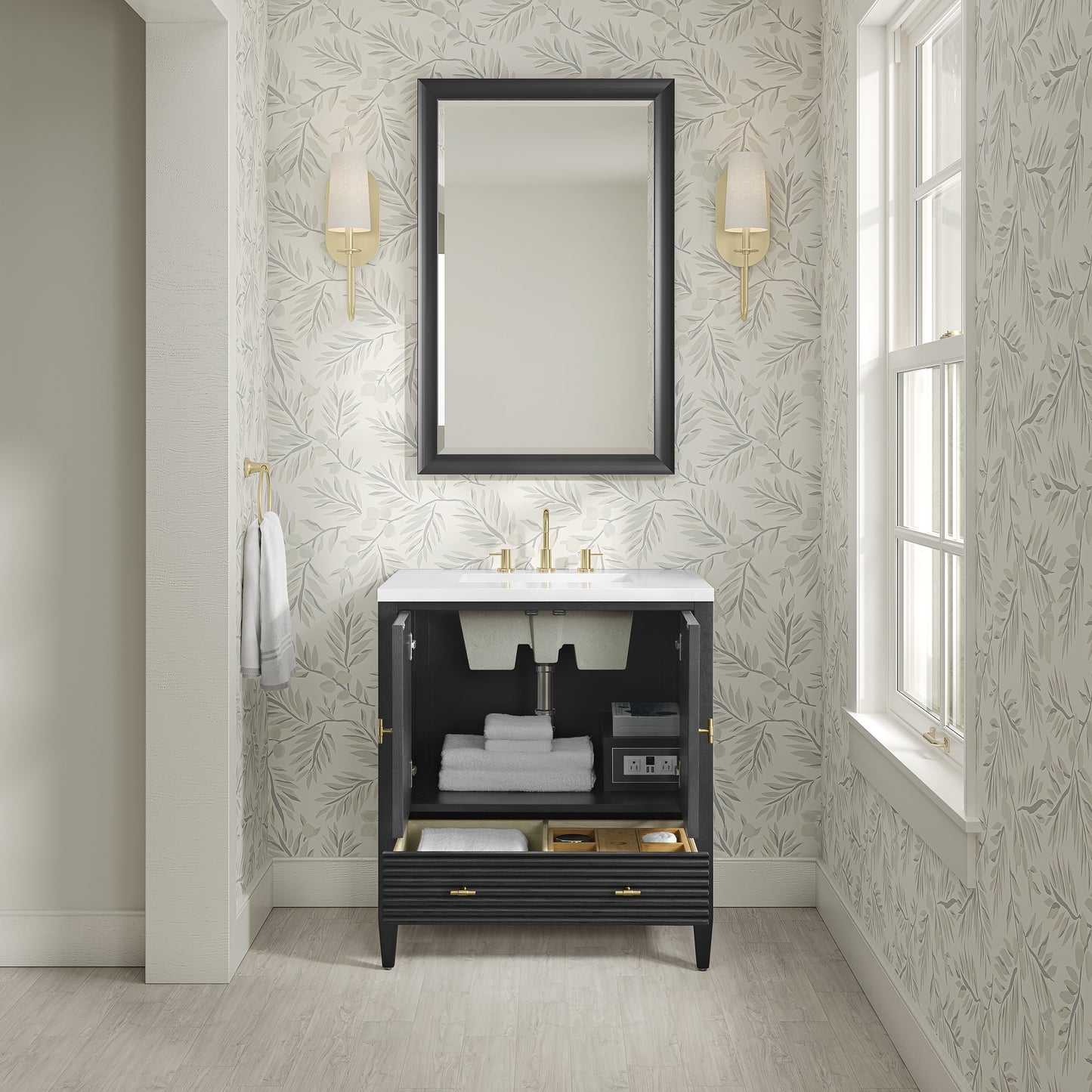 Renovate for Less Atlanta Myrrin 30" Single Vanity, Carbon Oak w/ 3 CM White Zeus Silestone Top