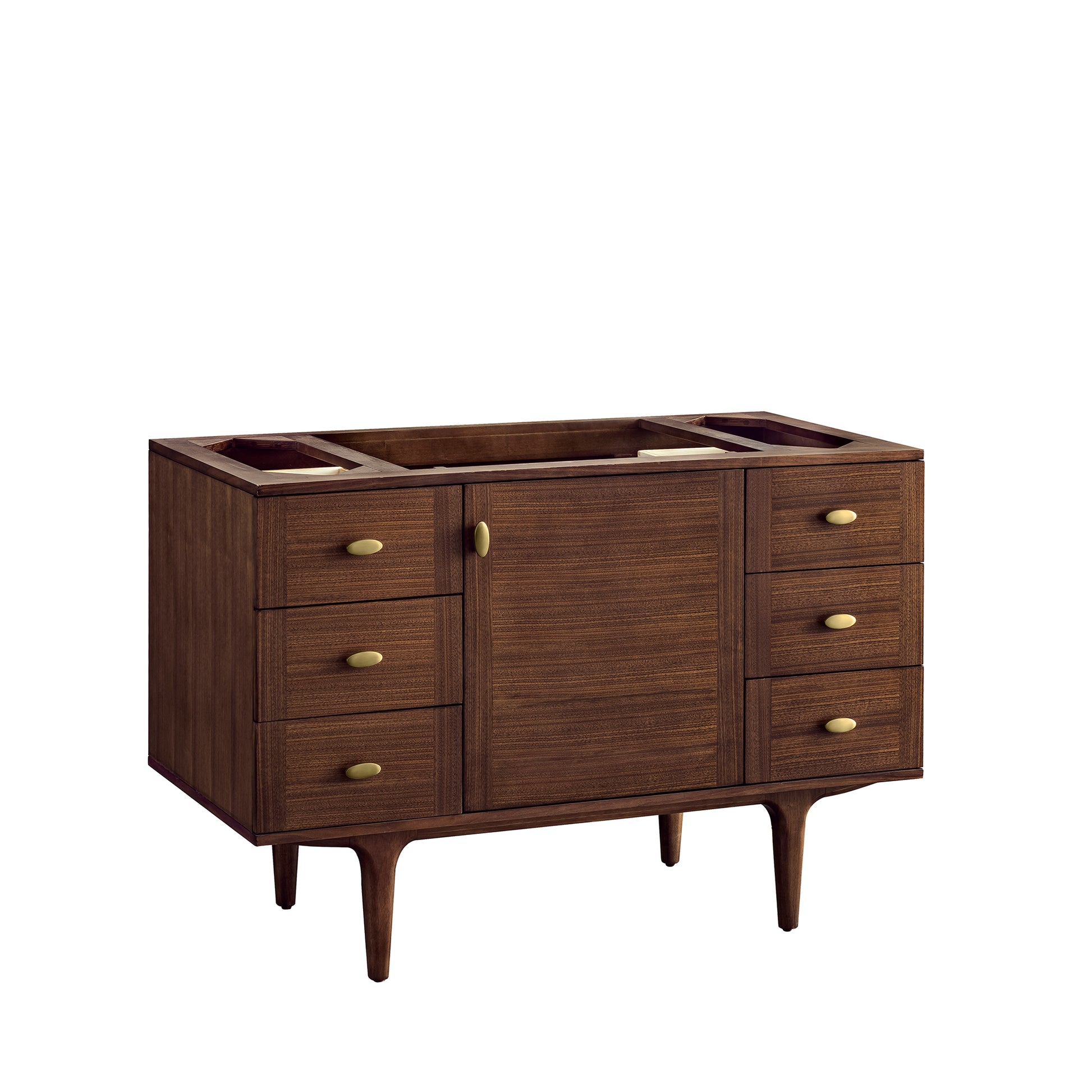 Renovate for Less Atlanta Amberly 48" Single Vanity, Mid-Century Walnut w/ Single Hole 3 CM White Zeus Top & Backsplash