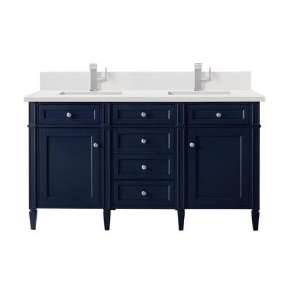 Renovate for Less Atlanta Brittany 60" Double Vanity, Victory Bleu w/ Single Hole 3 CM White Zeus Silestone Top & Backsplash