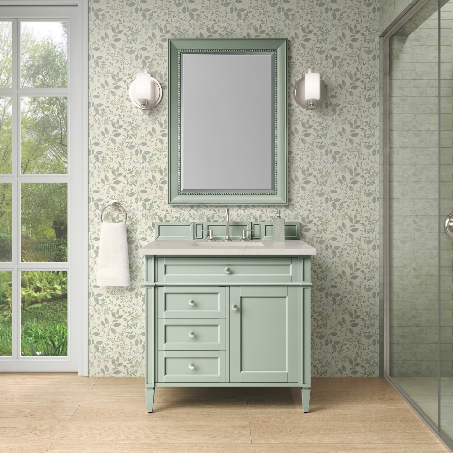 Renovate for Less Atlanta Brittany 36" Single Vanity, Sage Green, w/ 3 CM Siberian Silestone Top