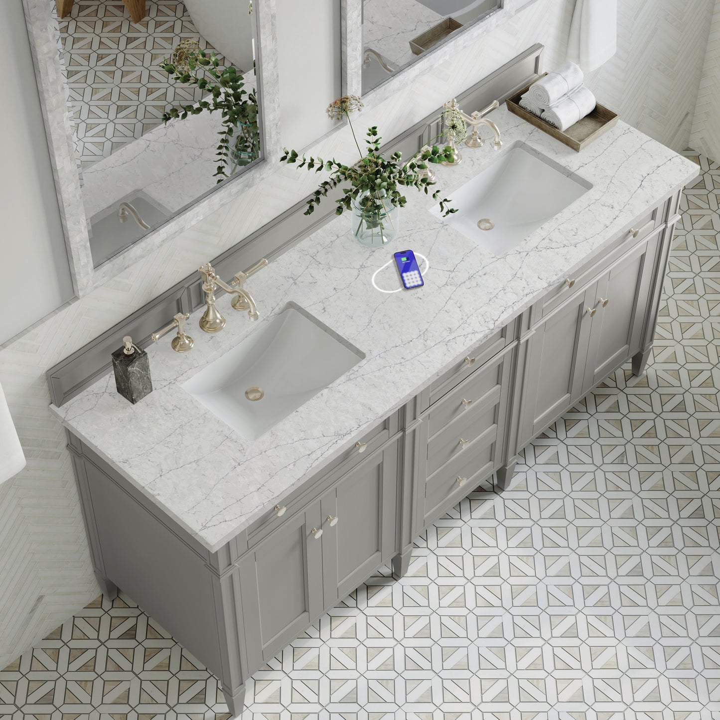 Renovate for Less Atlanta Brittany 72" Double Vanity, Urban Gray w/ 3 CM Eternal Jasmine Pearl Silestone Top w/FreePower Wireless Charger