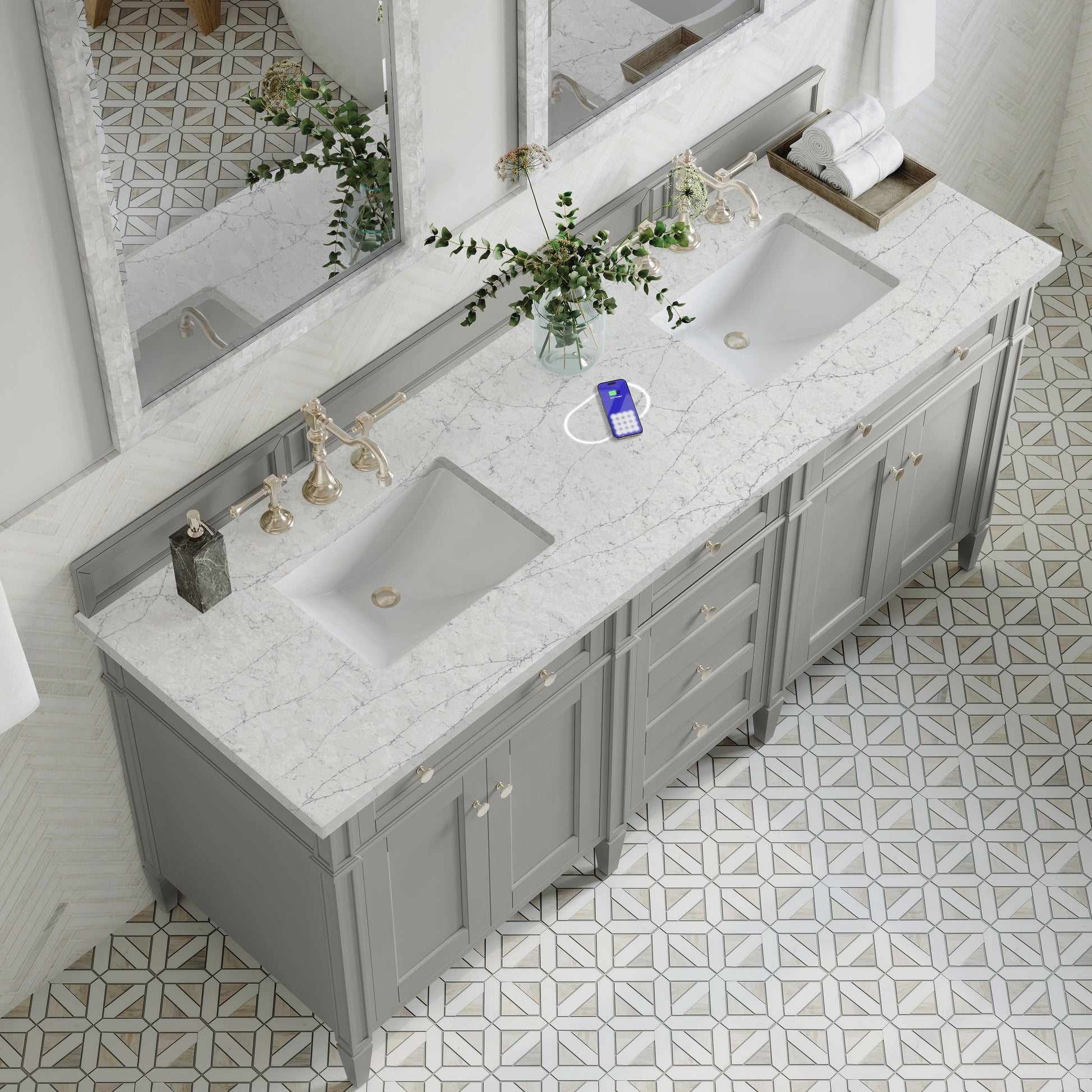 Renovate for Less Atlanta Brittany 72" Double Vanity, Urban Gray w/ 3 CM Eternal Jasmine Pearl Silestone Top w/FreePower Wireless Charger