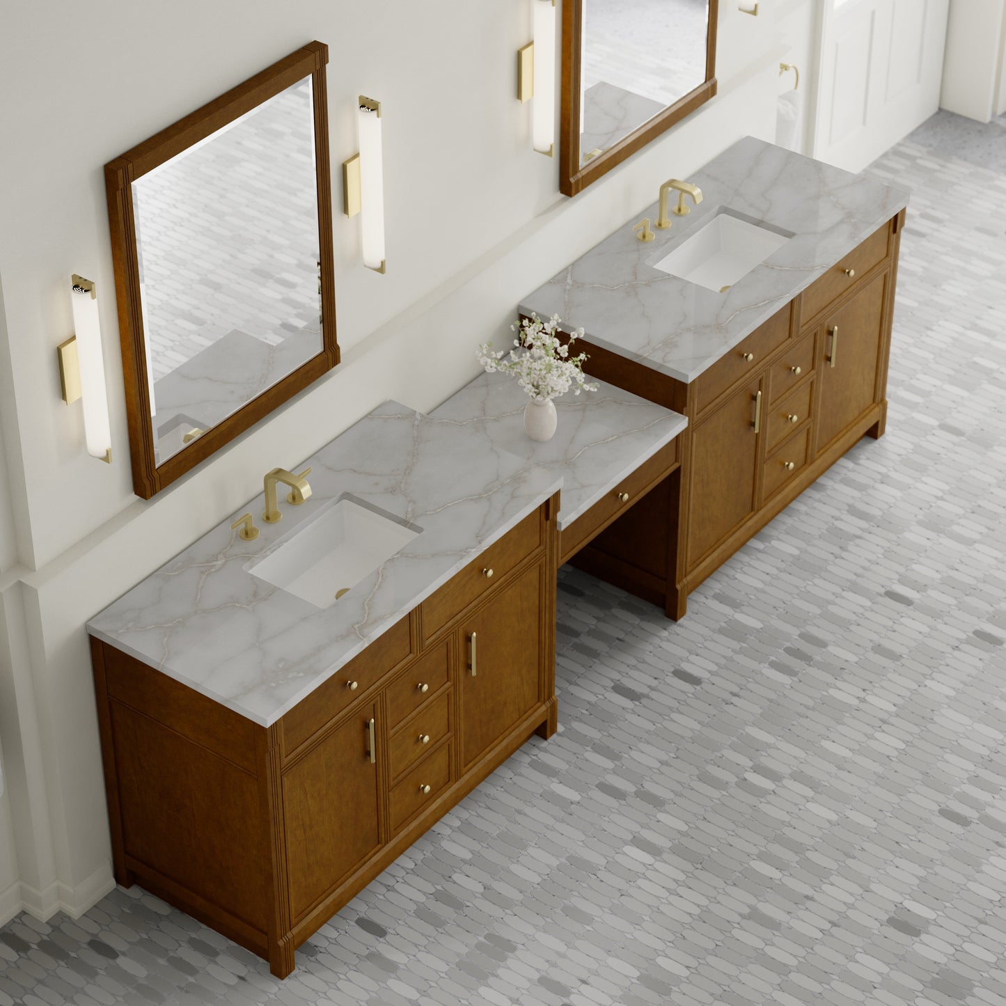 Renovate for Less Atlanta Bellshire 120" Dual Vanity Set with 24" Make-Up Counter, Honey Oak w/3 cm Victorian Silver Silestone Top w/FreePower Wireless Charger