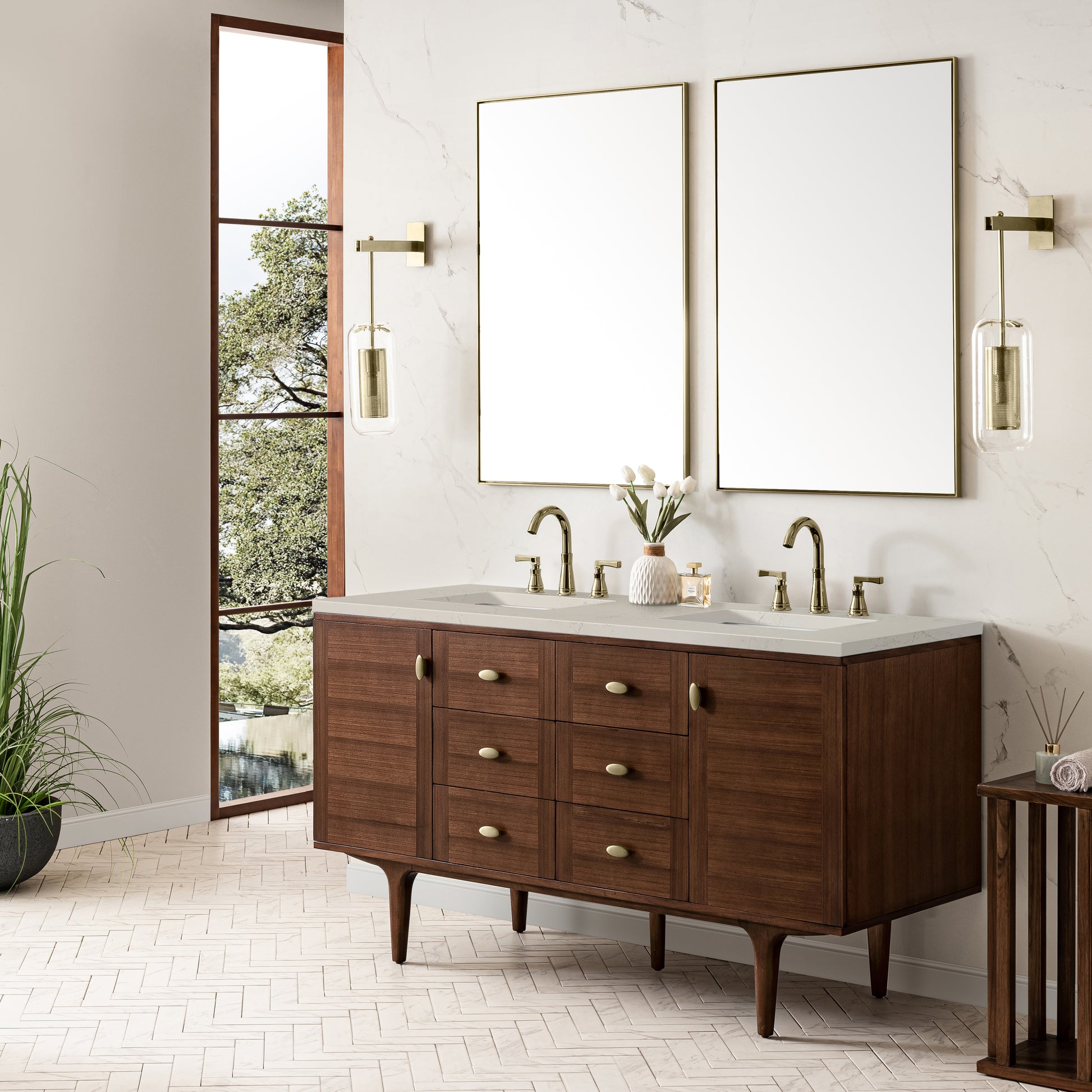 Renovate for Less Atlanta Amberly 60" Double Vanity, Mid-Century Walnut, w/ 3 CM Siberian Silestone Top w/FreePower Wireless Charger