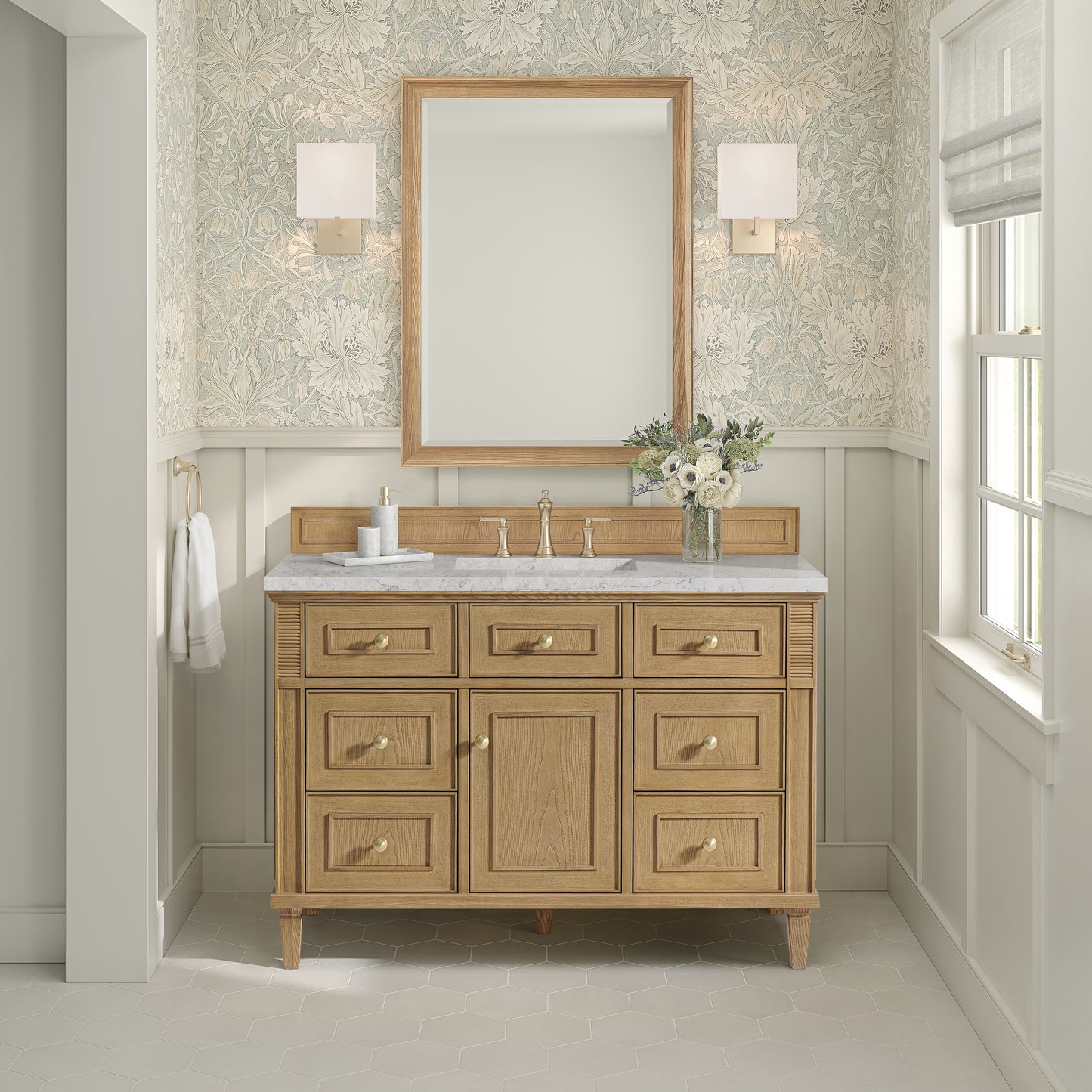 Renovate for Less Atlanta Lorelai 48" Single Vanity, Light Natural Oak w/ 3 CM Eternal Jasmine Pearl Silestone Top w/FreePower Wireless Charger