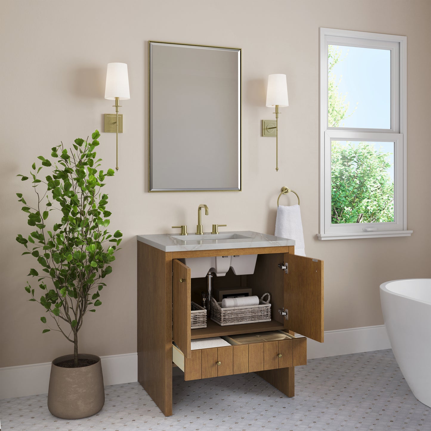 Renovate for Less Atlanta Hudson 30" Single Vanity, Honey Oak w/ 3 CM Victorian Silver Silestone Top