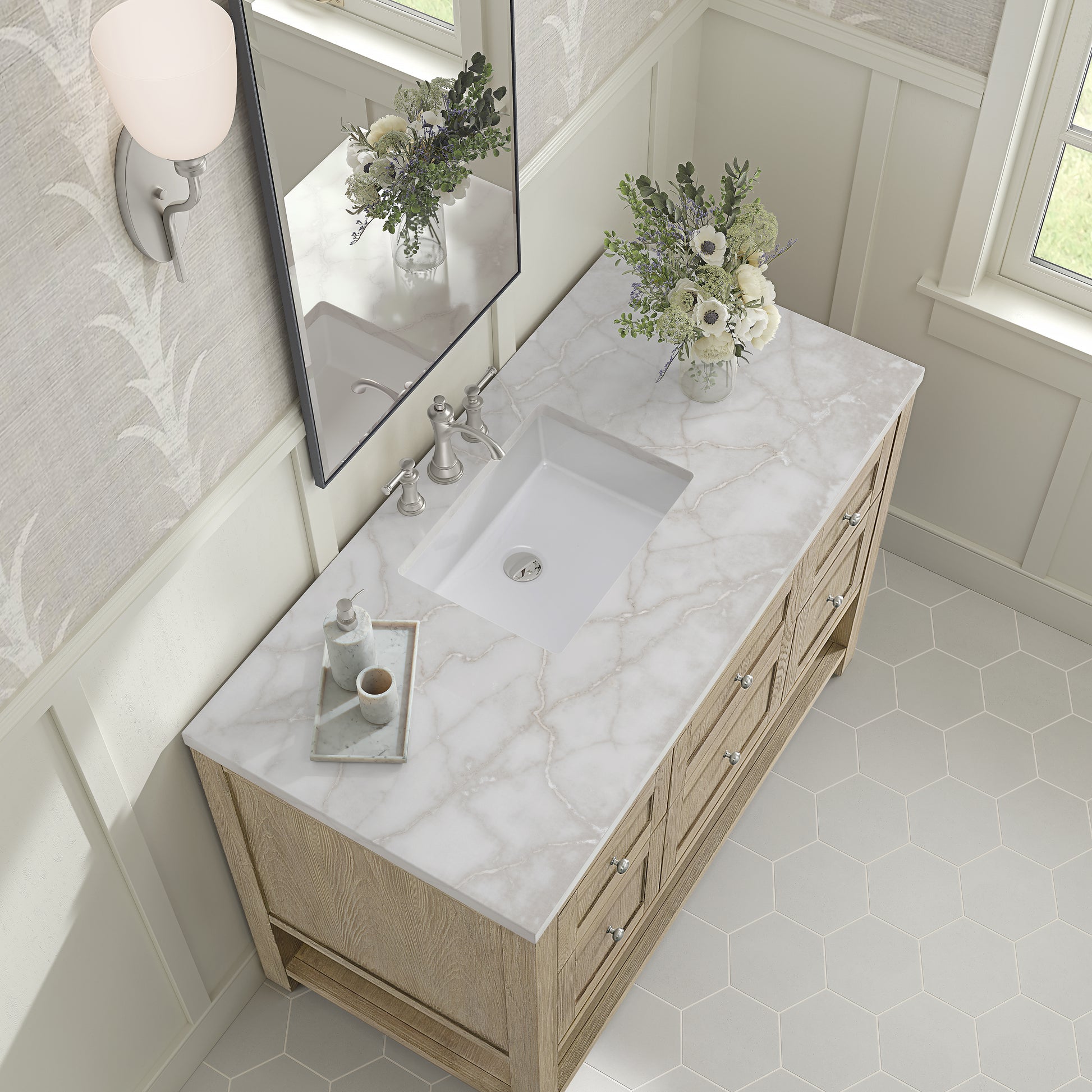 Renovate for Less Atlanta Breckenridge 48" Single Vanity, Whitewashed Oak w/ 3 CM White Zeus Silestone Top