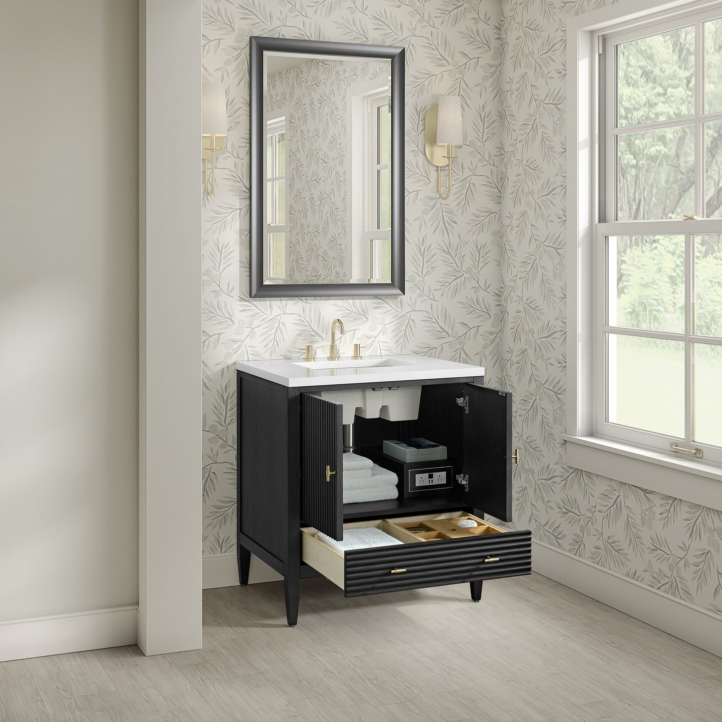 Renovate for Less Atlanta Myrrin 30" Single Vanity, Carbon Oak w/ 3 CM White Zeus Silestone Top