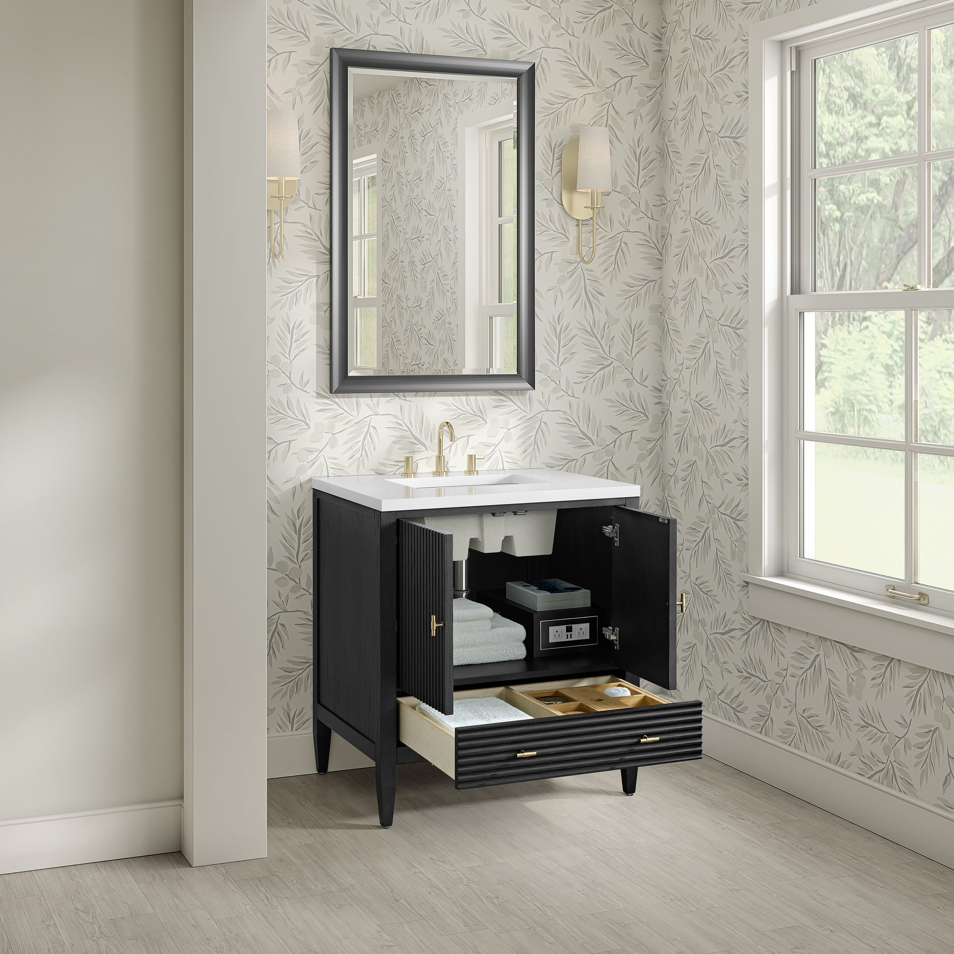 Renovate for Less Atlanta Myrrin 30" Single Vanity, Carbon Oak w/ 3 CM White Zeus Silestone Top