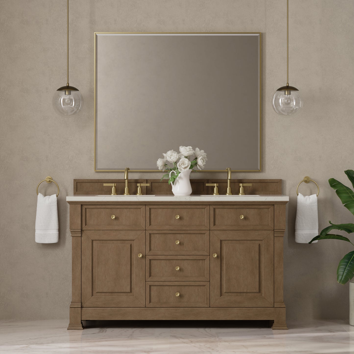 Renovate for Less Atlanta Brookfield 60" Double Vanity, Pecan, w/ 3 CM Siberian Silestone Top