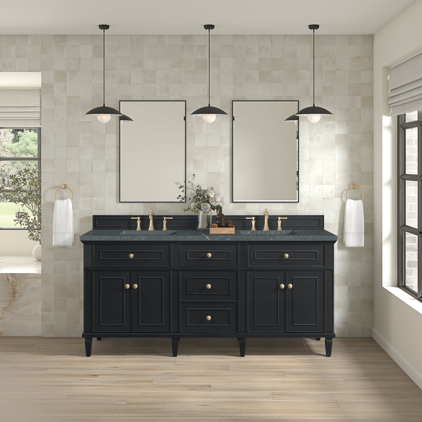 Renovate for Less Atlanta Lorelai 72" Double Vanity, Black Onyx w/ 3 CM Parisien Bleu Silestone Top w/FreePower Wireless Charger