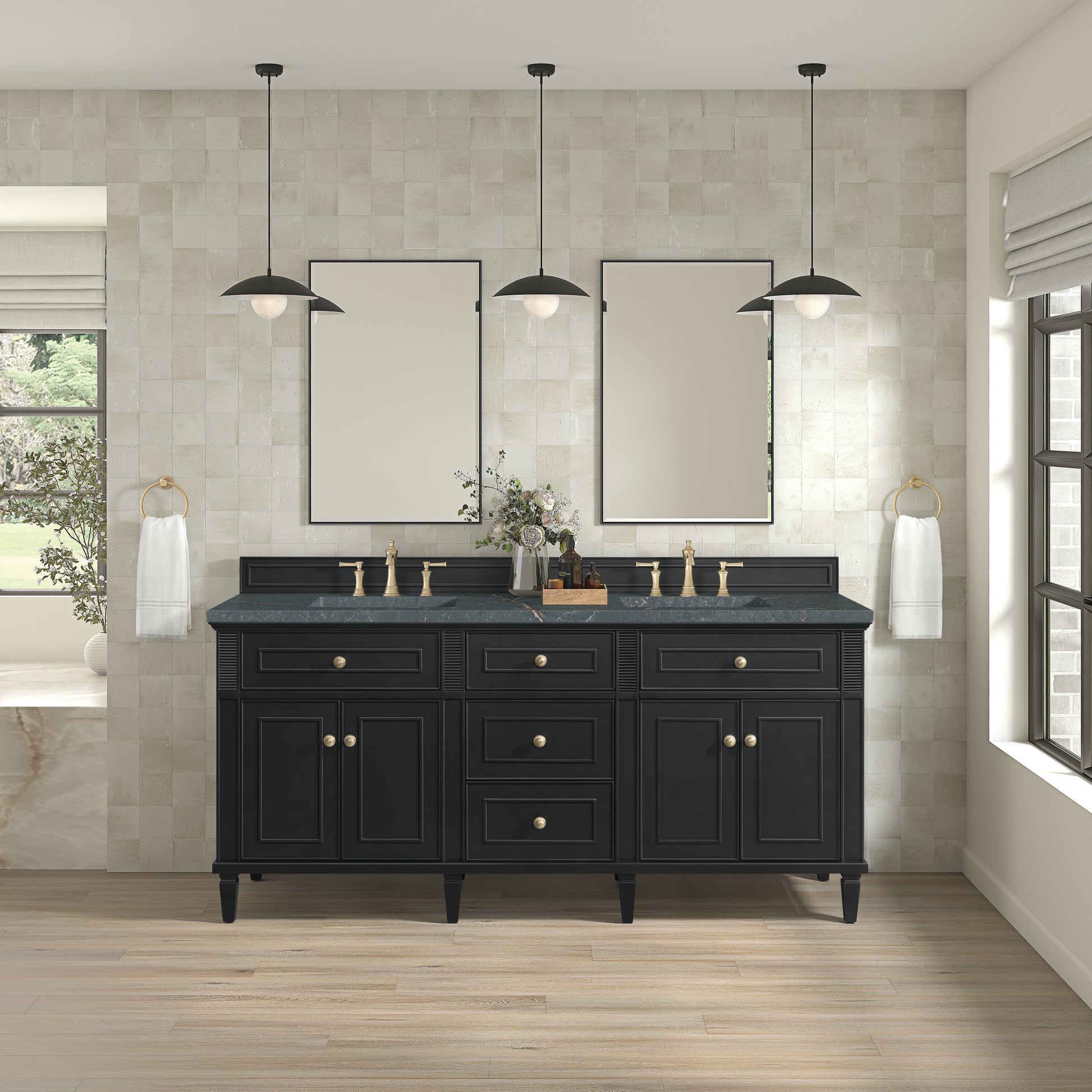 Renovate for Less Atlanta Lorelai 72" Double Vanity, Black Onyx w/ 3 CM Parisien Bleu Silestone Top
