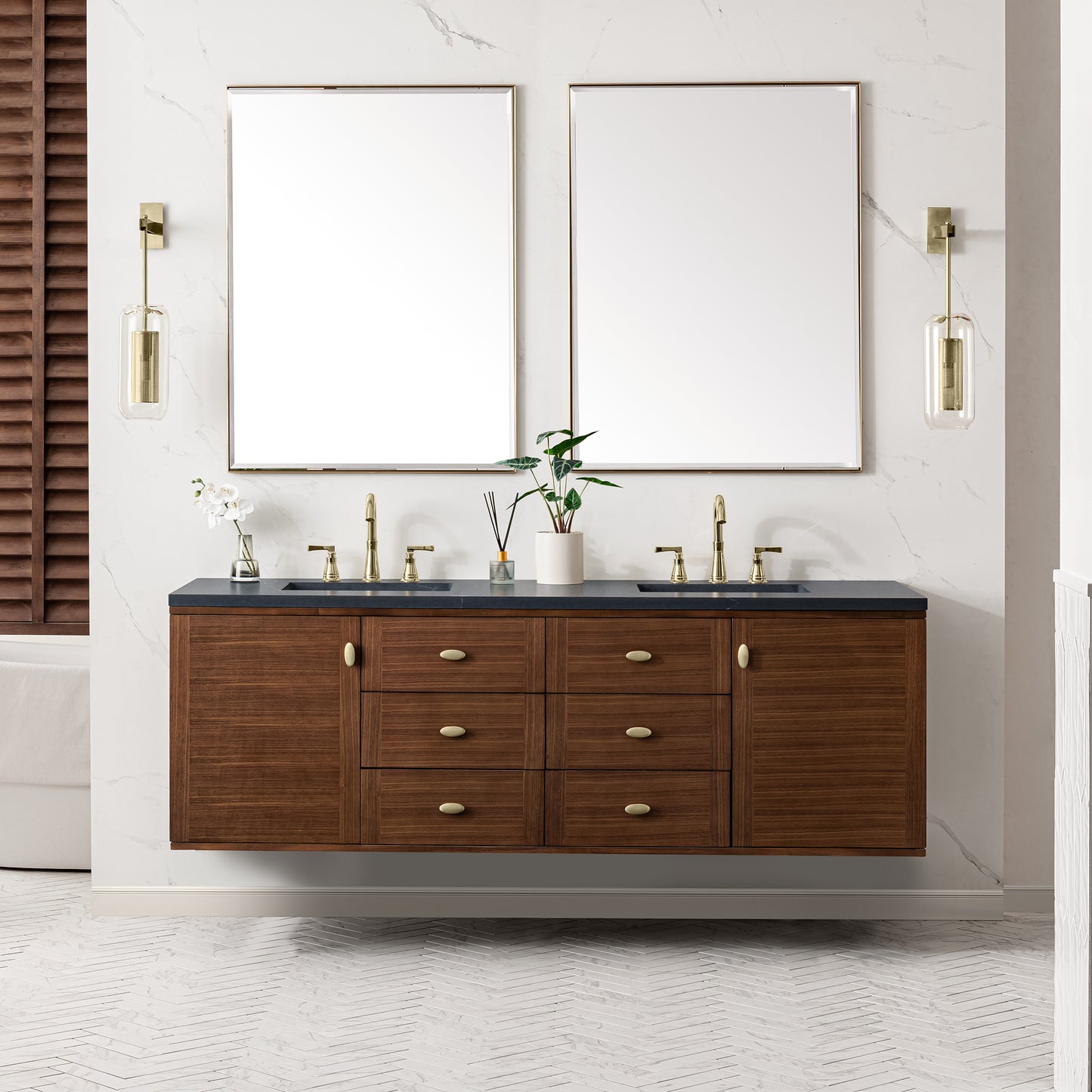 Renovate for Less Atlanta Amberly 72" Double Vanity, Mid-Century Walnut w/ 3 CM Charcoal Soapstone Top