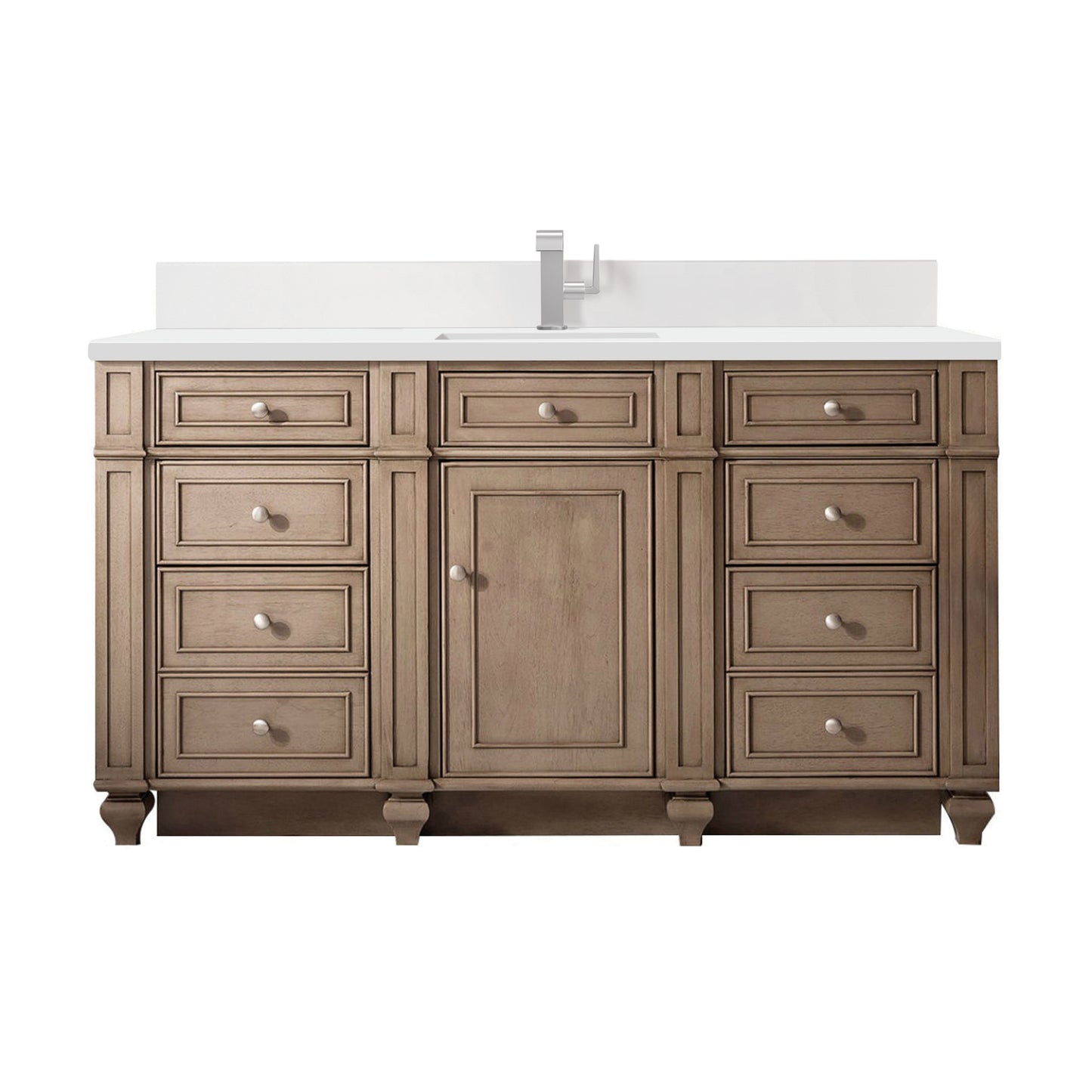 Renovate for Less Atlanta Bristol 60" Single Vanity, Whitewashed Walnut w/ Single Hole 3 CM White Zeus Silestone Top & Backsplash