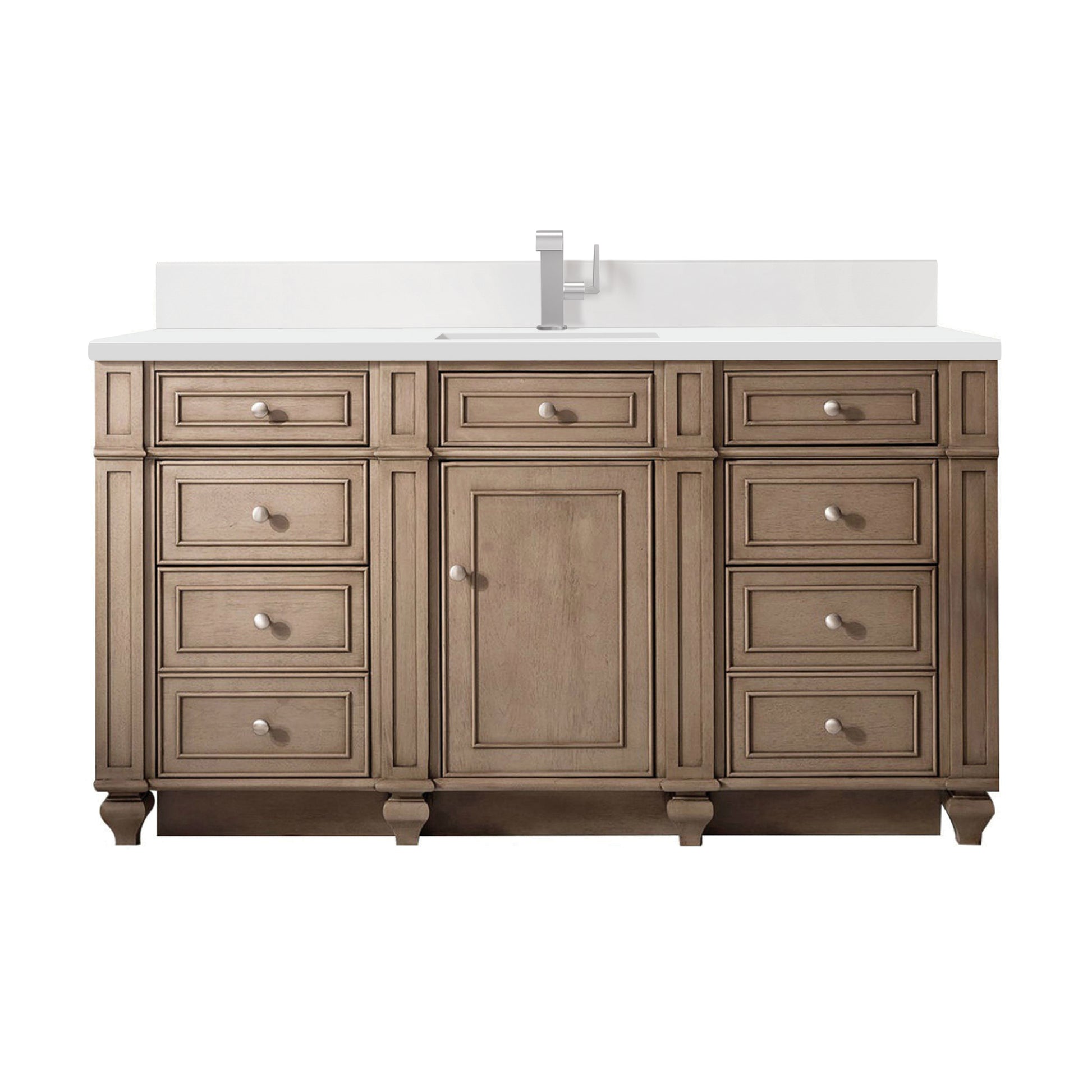 Renovate for Less Atlanta Bristol 60" Single Vanity, Whitewashed Walnut w/ Single Hole 3 CM White Zeus Silestone Top & Backsplash