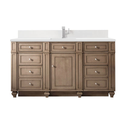 Renovate for Less Atlanta Bristol 60" Single Vanity, Whitewashed Walnut w/ Single Hole 3 CM White Zeus Silestone Top & Backsplash