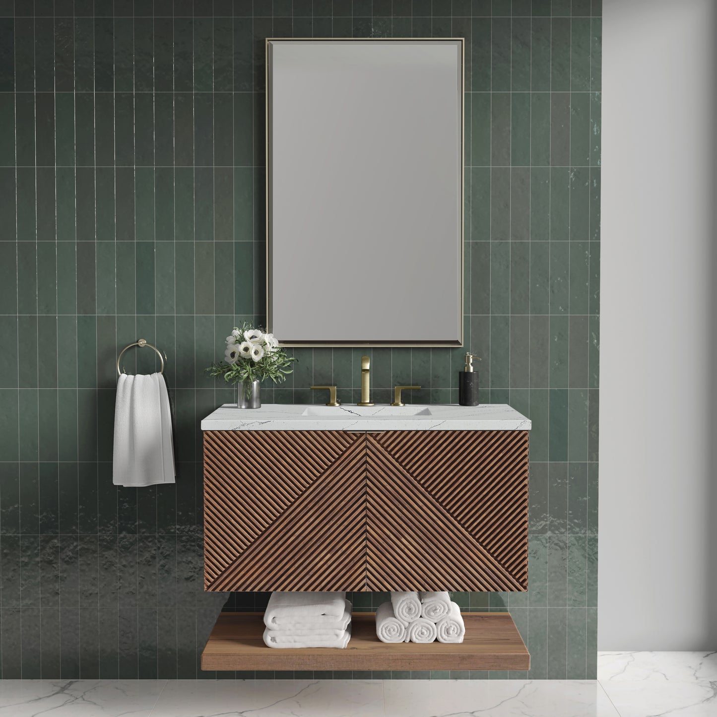 Renovate for Less Atlanta Marcello 36" Single Vanity, Chestnut w/ 3 CM Ethereal Noctis Top