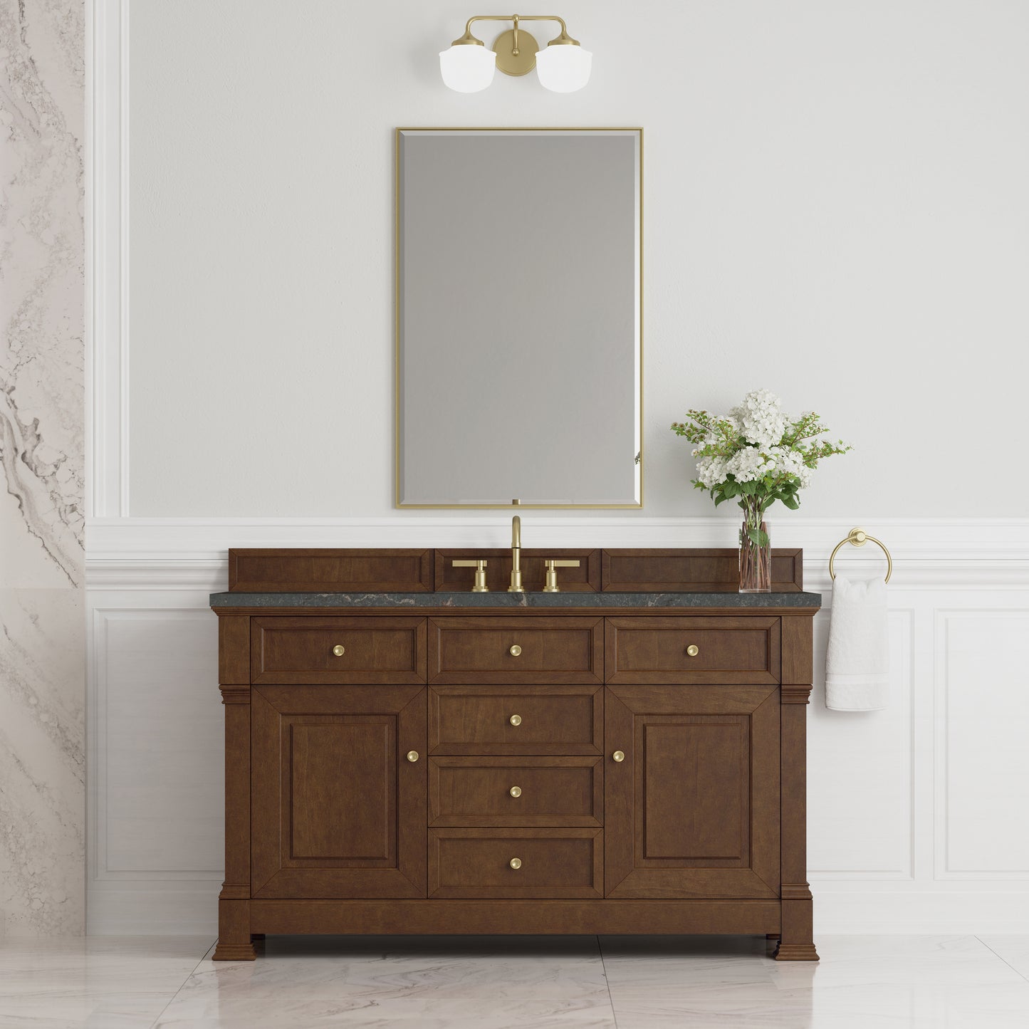 Renovate for Less Atlanta Brookfield 60" Single Vanity, Honey Oak w/ 3 CM Parisien Bleu Silestone Top w/ FreePower Wireless Charger