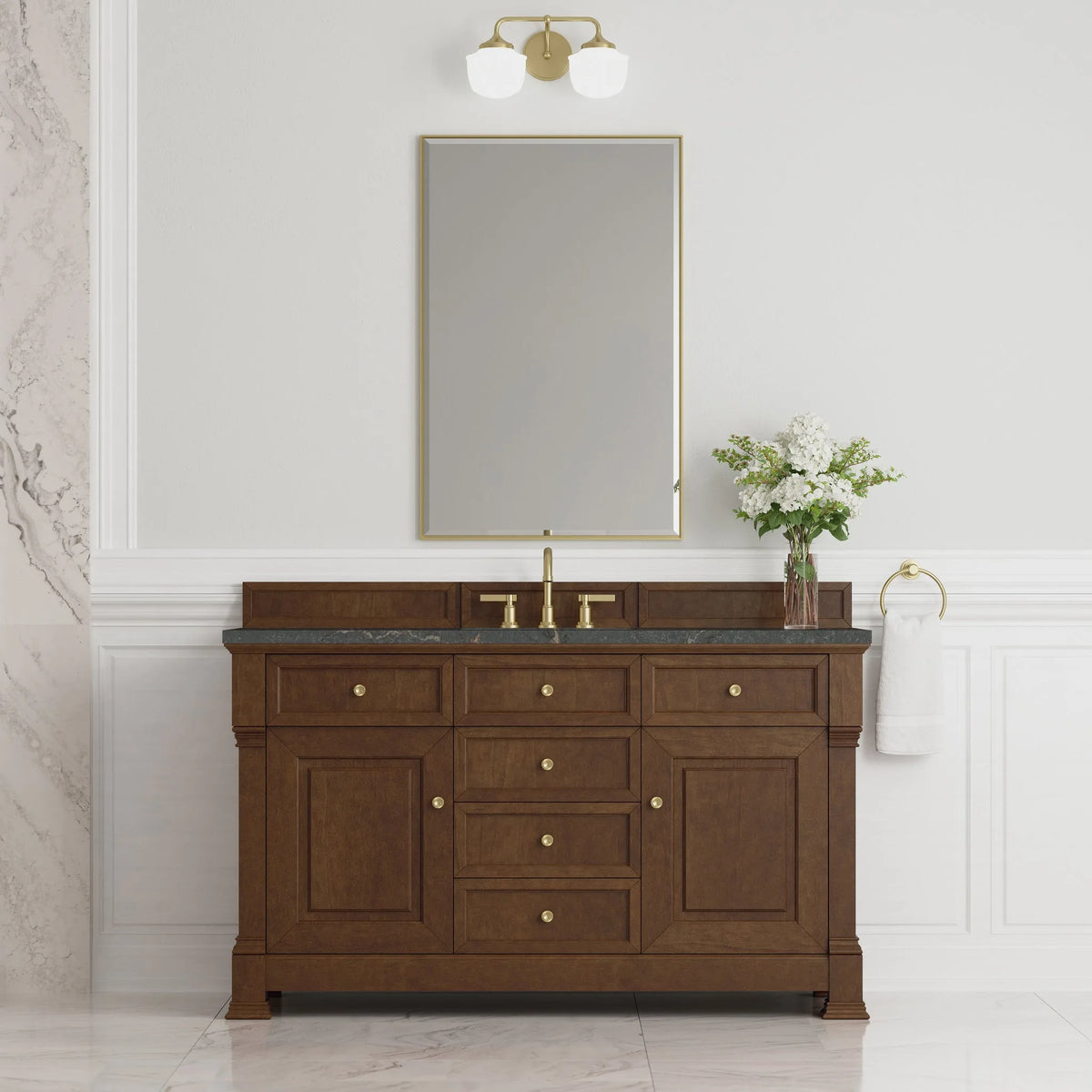 Brookfield 60" Single Vanity, Honey Oak w/ 3 CM Parisien Bleu Silestone Top