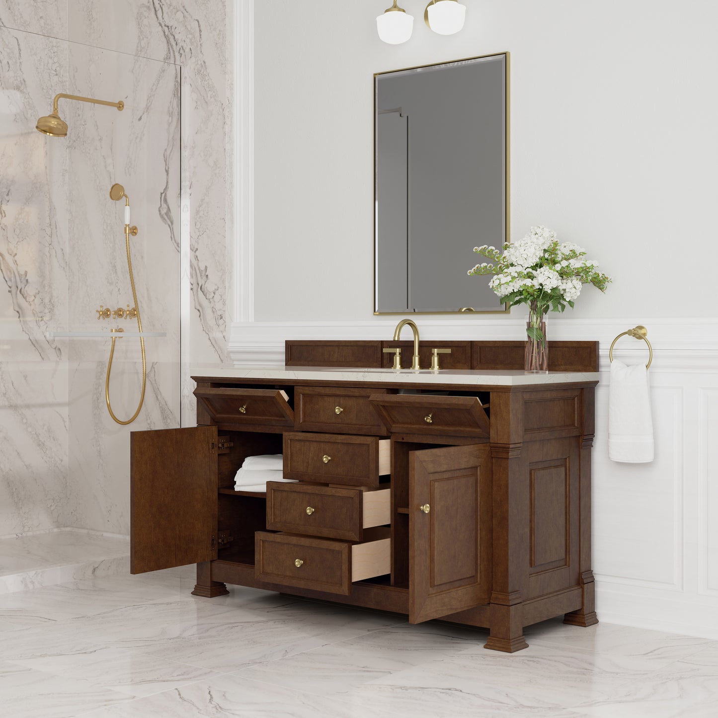 Renovate for Less Atlanta Brookfield 60" Single Vanity, Honey Oak, w/ 3 CM Siberian Silestone Top w/FreePower Wireless Charger