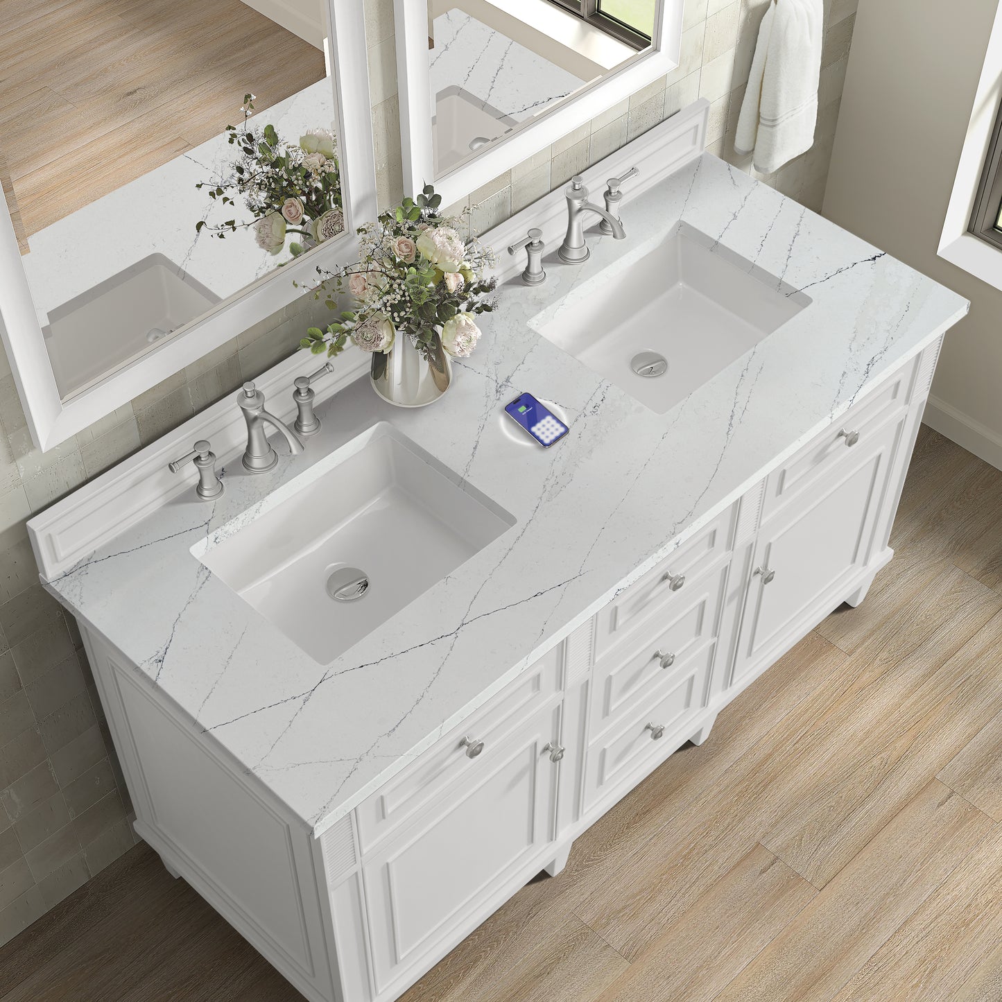 Renovate for Less Atlanta Lorelai 60" Double Vanity, Bright White w/ 3 CM Ethereal Noctis Silestone Top w/FreePower Wireless Charger