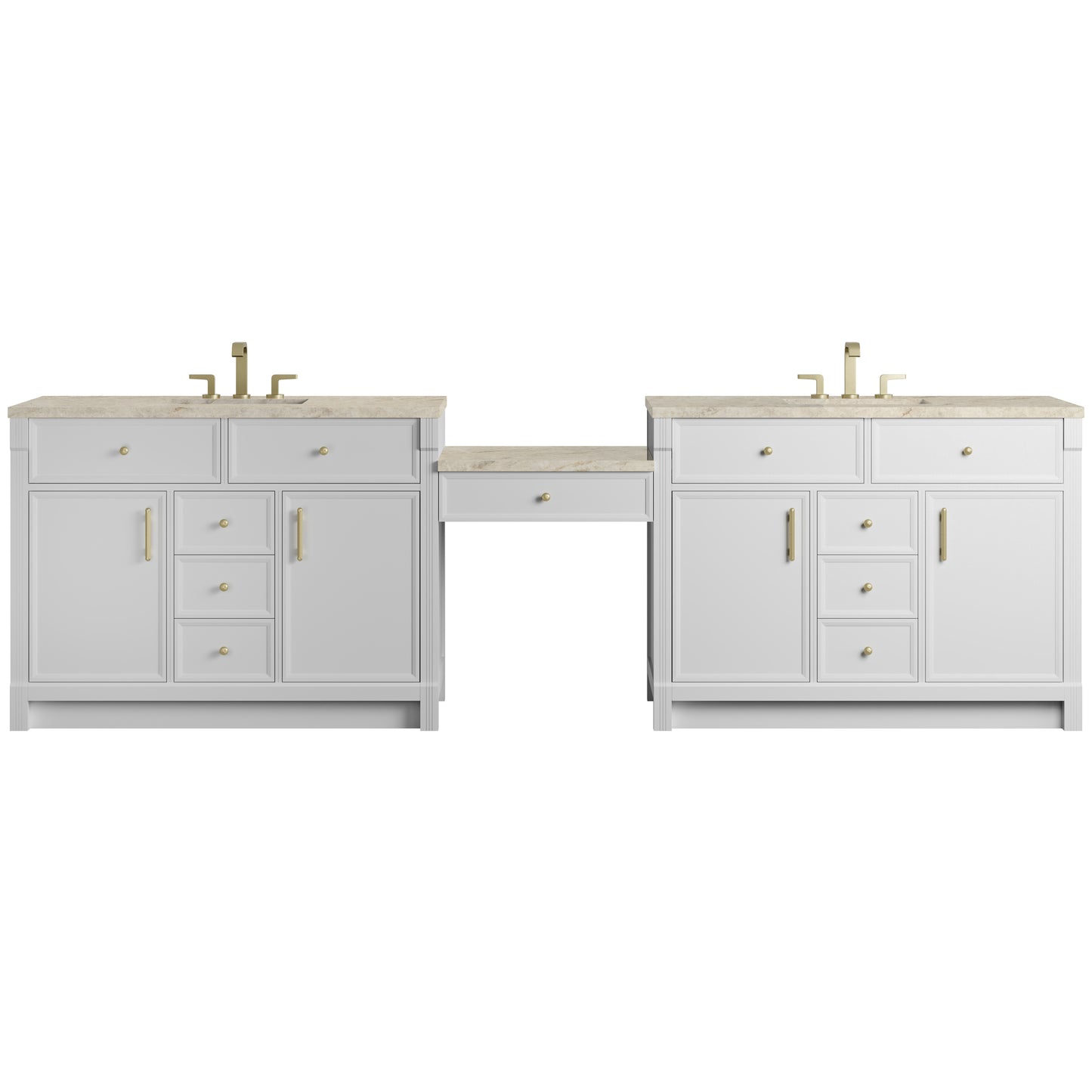 Renovate for Less Atlanta Bellshire 120" Dual Vanity Set with 24" Make-Up Counter, Bright White w/3 cm Tajnar Eclos Top w/FreePower Wireless Charger