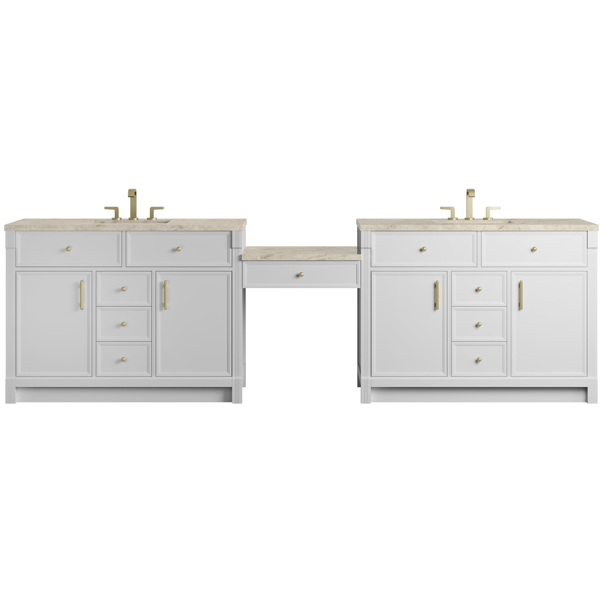 Renovate for Less Atlanta Bellshire 120" Dual Vanity Set with 24" Make-Up Counter, Bright White w/3 cm Tajnar Eclos Top w/FreePower Wireless Charger
